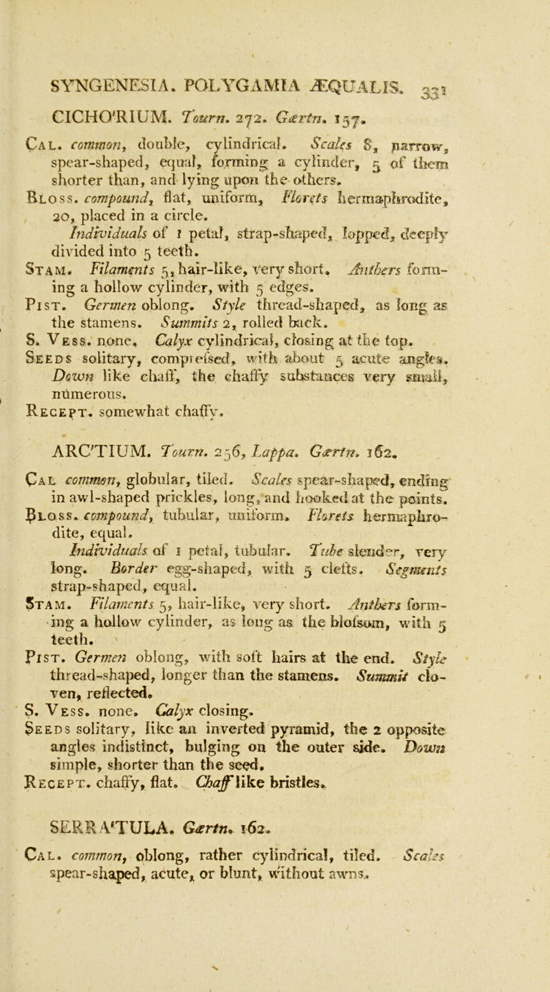 CICHO'RIUM. T^ourn, 2*72. G^rin* 557. Cal. commoriy double, cylindricaL Scaks S, juarrow, spear-shaped, equal, fojmmg: a cylinder, 3 of tlieiii shorter than, anA lying upon the-others, Rloss. compound, flat, uniform. Florets hermaphrodite, 20, placed in a circle. Individuals of i petal, strap-shaped, lopped, deeply divided into 5 teeth. Sta M. 5, hair-like, very short, Anihers fonxi’- ing a hollow cylinder, with 5 edges. Pi ST. Germen Q\A(yn^, Style thread-shaped, as long as the stamens. Summits 2, rolled back. S. Ve ss.' none. Calyx cylindriad, closing at the top. Seeds solitary, compiefsed, with about 5 acute angles. Down like chaff, the chaffy substances very small, nDmeroiis*. Recept. somewhat chaffy. ARC'TIUM. Tomn, 25b, Lappa» Gjerin. 162, Cal remmijn, globular, tiled, iS’ri7/ci-spear-shaped, ending in awl-shaped prickles, long, and hookedat the points. Ploss. compoundi tubular, uniform. Florets hernaaphio- dite, equal. Individuals of i petal, tubular. Tube slender, very long. Border egg-shaped, with 5 clefts. Segments strap-shaped, equal. 5ta M. Filaments 5, hair-like, very short. Antlsers form- •ing a hallow cylinder, as long as the blofsom, with 5 teeth. Fist. Germen oblong, with soft hairs at the end. Style thread-shaped, longer than the stamens. Summit clo- ven, reflected. S. Vess. none. Calyx closing. Seeds solitary, like an inverted pyramid, the 2 opposite angles indistinct, bulging on the outer side. Down simple, shorter than the seed. Recept. chaffy, fiat. Qjaff lik^ bristles., SERR ATULA. G^rtn. 162. Ca L. common, oblong, rather cylindrical, tiled. Scales spear-shaped, acute, or blunt, without awns,.