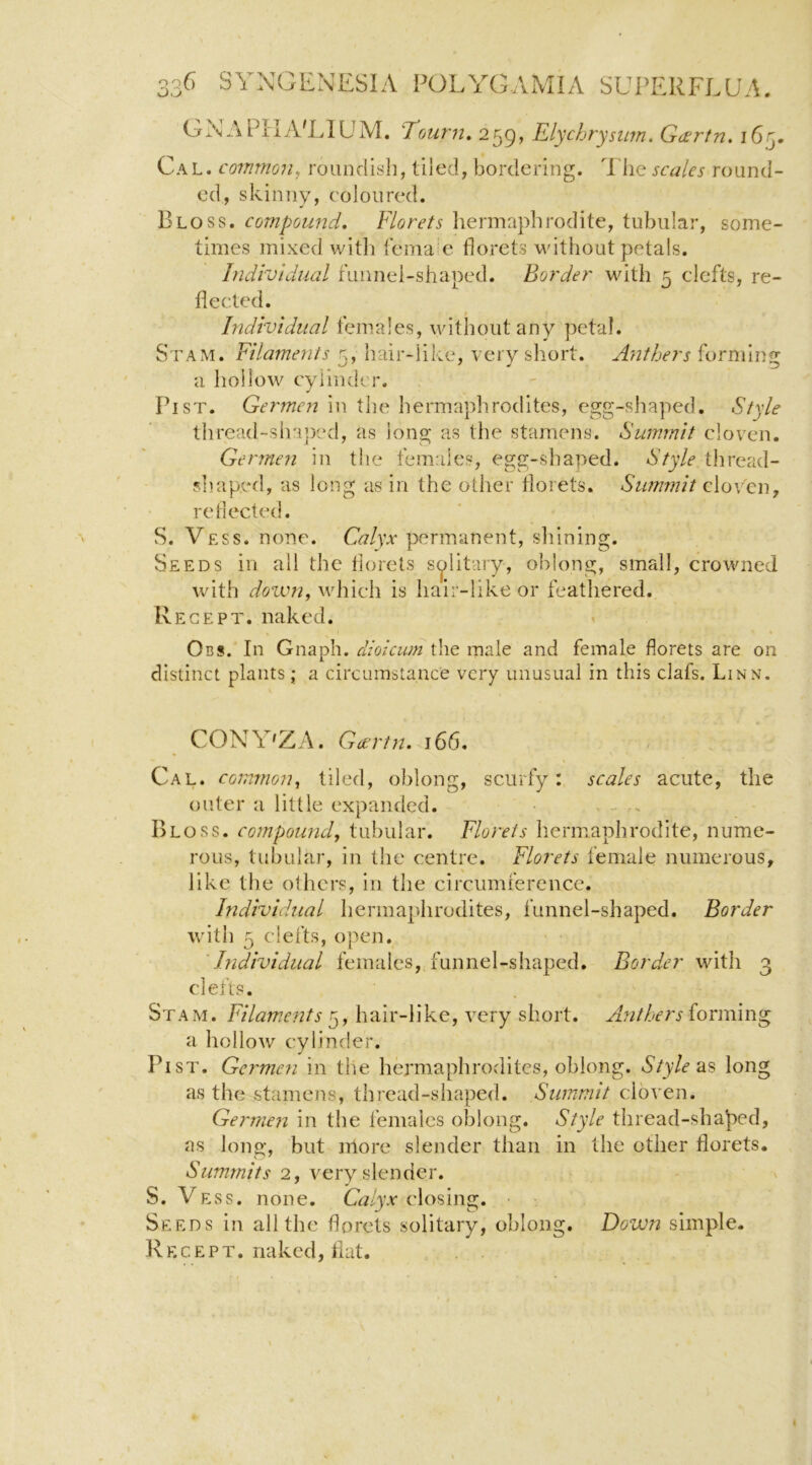 G A A PII A'LIUAI. Tourn» 259, TLlychrysum. Gartn, 165. Cal. common, roundisli, tiled, bordering. I'he scales round- ed, skinny, coloured. Bloss. compound. Florets hermaphrodite, tubular, some- times mixed with lema e florets without petals. Individual funnel-shaped. Border with 5 clefts, re- flected. Individual females, without any petal. Stam. Filaments 5, hair-like, very short. Anthers forming a hollow cylinder. Pi ST. Germen in the hermaphrodites, egg-shaped. Style thread-sln})ed, as long as the stamens. Summit cloven. Germen in the females, egg-shaped. Style thread- shaped, as long as in the other florets. Summit awy reflected. S. Vess. none. Gz/yv permanent, sliining. Seeds in all the florets solitary, oblong, small, crowned with doiV7i, which is hair-like or feathered. Regept. naked. Obs. In Gnaph. dioicum the male and female florets are on distinct plants; a circumstance very unusual in this clafs. Linn. CONY'ZA. Gdcrtit. 166. Cal. common, tiled, oblong, scurfy: scales acute, the outer a little expanded. - Bloss. compound, tubular. Florets hermaphrodite, nume- rous, tubular, in the centre. Florets female numerous, like the others, in the circumference. Individual hermaphrodites, funnel-shaped. Border with 5 clefts, open. 'Individual females, funnel-shaped. Border with 3 clefts. Stam. Filam.ents hair-like, very short. Anthers ionmn^ a hollow cylinder. Pi ST. Germen in the hermaphrodites, oblong. Style’ds long as the stamens, thread-shaped. Summit cloven. Germen in the females oblong. Style thread-shaped, as long, but irtore slender than in the other florets. Summits 2, very slender. S. Vess. none. Calyx closing. Seeds in all the florets solitary, oblong. Down simple. R K c e p T. naked, flat.