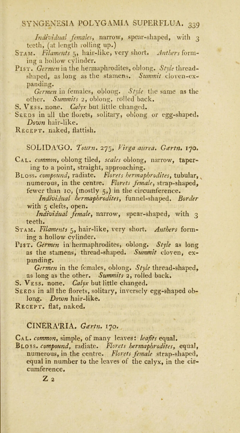 Ifidividital females^ narrow, spear-shaped, with 3 teeth, (at length rolling up.) Stam. Filaments hair-like, very short* form- ing a hollow cylinder. Pi ST. Germen in the hermaphrodites, oblong. Style thread- shaped, as long as the stamens. Summit cloven-ex- panding. Germen in females, oblong. Style the same as the other. Summits 2, oblong, relied back. S. Vess. none. Calyx but little changed. Seeds in all the florets, solitary, oblong or egg-shaped* Down hair-like. Recept. naked, flattish. SOLIDA'GO. Tourn* 275, Virga atirea* Geertn* 170. Cal. common, oblong tiled, scales oblong, narrow, taper- ing to a point, straight, approaching. Bloss. compound, radiate. Florets hermaphrodites, tubular,^ numerous, in the centre. Florets female, strap-shaped, fewer than 10, (mostly 5,) in the circumference. Individual hermaphrodites, funnel-shaped. Border with 5 clefts, open. Individual female, narrow, spear-sfiaped, with 3 teeth. Stam. Filaments 5, hair-like, very short. Anthers form- ing a hollow cylinder. Pi ST. Germen in hermaphrodites, oblong. Style as long as the stamens, thread-shaped. Summit cloven, ex- panding. Germen in the females, oblong. Style thread-shaped, as long as the other. Summits 2, rolled back. S. Vess. none. G//yv but little changed. Seeds in all the florets, solitary, inversely egg-shaped ob- long, Down hair-like. Recept. flat, naked. CINERA'RIA. Geertn, 170., Cal. common, simple, of many leaves: leafts equal, Bloss, compound, radiate. Florets hermaphrodites, equal, numerous, in the centre. Florets female strap-shaped, equal in number to the leaves of the calyx, in the cir- cumference. Z 2
