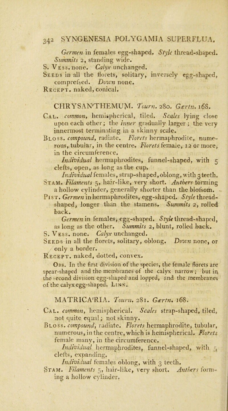 Germen in females egg-shaped. Style thread-shaped. Summits 2, standing wide. S. VESs.none. Calyx unchanged. Seeds in all the florets, solitary, inversely egg-shaped, comprefsed. Down none. Recept. naked, conical. CHRYSAN'THEMUM. Tcurn. 2S0. G^rtn. i6S. Cal. commonf hemispherical, tiled. Scales lying close upon each other; the inner gradually larger ; the very innermost terminating in a skinny scale. Bloss. compound^ radiate. Florets hermaphrodite, nume- rous, tubular, in the centre. Florets 12 or more, in the circumference. Individual hermaphrodites, funnel-shaped, with 5 clefts, open, as long as the cup. htdividualfemales, strap-shaped,oblong, with3teeth. Stam. Filaments 5, hair-like, very short. Anthers forming a hollow cylinder, generally shorter than the blofsom. ^ Pi ST. in hermaphrodites, egg-shaped. thread- shaped, longer than the stamens. Summits 2, rolled back. Germen m females, egg-shaped. thread-shaped, as long as the other. Summits 2, blunt, rolled back. S. Vess. none. Calyx unchanged. Seeds in all the florets, solitary, oblong, Down none, or only a border. Recept. naked, dotted, convex, Obs. In the first division of the species, the female florets are spear-shaped and the membranes of the calyx narrow; but in the second division egg-shaped and lopped, and the membranes of the calyx egg-shaped. Limn. MATRICA'RIA. Fourn. 281. Geertn* 168. Cal. common^ hemispherical. Scales strap-shaped, tiled, not c^uite equal; not skinny. Bloss. compound, radiate. Florets hermaphrodite, tubular, numerous, in the centre, which is hemispherical. Florets female many, in the circumference. Individual hermaphrodites^ funnel-shaped, with 3 clefts, expanding, hidividual females oblong, with 3 teeth, JStam. Filaments 5, hair-like, very short. Anthers form- ing a hollow cylinder.