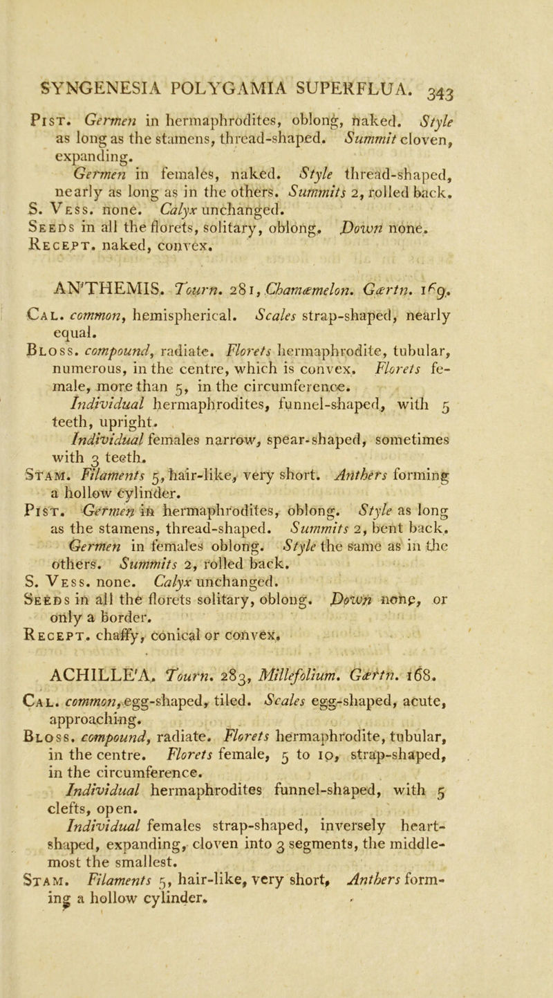 Pi ST. Germen in hermaphrodites, oblong, ftaked. Style as long as the stamens, thread-shaped. Summit cloven, expanding. Germen in females, naked. Style thread-shaped, nearly as long as in the others. Summits 2, rolled back. S. Vess. none. Calyx unchanged. Seeds in all the florets, solitary, oblong. J)own none. Recept. naked, convex. AN'THEMIS. Toiirn. 2^1 ^ Chameemelon, Gartn, 1^9.. Cal. common, hemispherical. Scales strap-shaped, nearly equal. Bloss. compound, radiate. Florets Iiermaphrodite, tubular, numerous, in the centre, which is convex. Florets fe- male, more than 5, in the circumference. Individual hermaphrodites, funnel-shaped, with 5 teeth, upright. Individual iQm7i\es narraw, spear-shaped, sometimes with 3 teeth. Stam. Filaments 5, hair-like., very short. Anthers forming a hollow ^:ylinder. Pi ST. 'Germen hermaphrodites, oblong, as long as the stamens, thread-shaped. Summits 2, bent back. Germen in females oblong. Style the same as in the others. Summits 2, rolled back. S. Vess. none. Gz/yv unchanged. Seeds in all the florets solitary, oblong. Jlown nonp, or only a border. Recept. chaffy, conical or convex, ACHILLE'A. Tourn, 283, Millefolium, Gdettn, i68. Cal. egg-shaped, tiled. Scales egg-shaped, acute, approaching. Bloss. compound, radiate. Florets hermaphrodite, tubular, in the centre. Florets female, 5 to ip, strap-shaped, in the circumference. Individual hermaphrodites funnel-shaped, with 5 clefts, open. Individual females strap-shaped, inversely heart- shaped, expanding, cloven into 3 segments, the middle- most the smallest. Stam. 5, hair-like, very short, Anthers ioxm’- in^ a hollow cylinder.