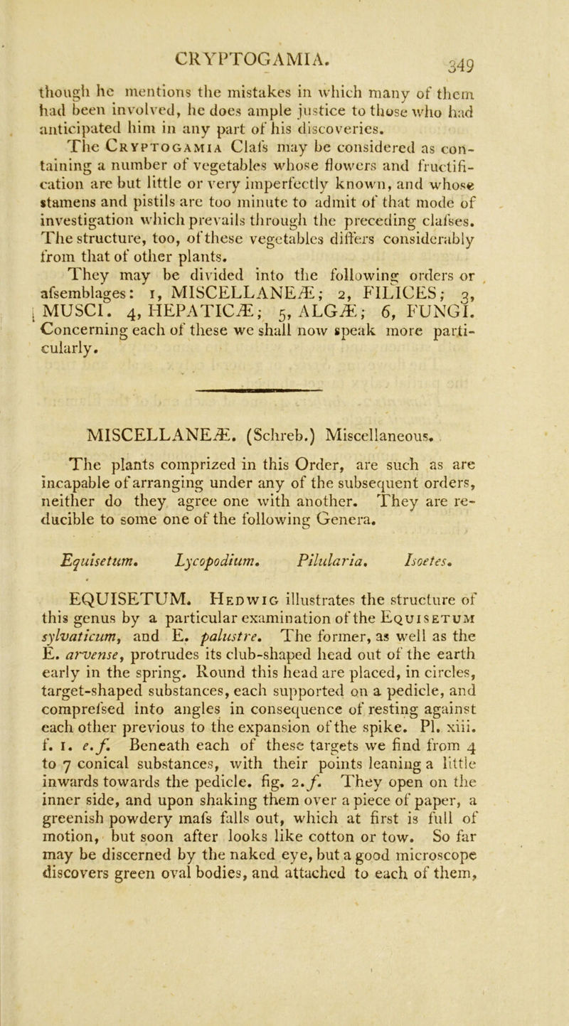though he mentions the mistakes in which many of them had been involved, he does ample justice to those who had anticipated him in any part of his discoveries. The Cryptogamia Clafs may be considered as con- taining a number of vegetables whose flowers and fructifi- cation are but little or very imperfectly known, and whose stamens and pistils are too minute to admit of that mode of investigation which prevails througli the preceding clafses. Tiie structure, too, of these vegetables differs considerably from that of other plants. They may be divided into the following orders or afsemblages: i, MlSCELLANETi; 2, FILICES; 2, MUSCl. 4, HEPATICAE; 5, ALG^i; 6, FUNGI. Concerning each of these we shall now speak more parti- cularly. MlSCELLANEiE, (Schreb.) Miscellaneous* / The plants comprized in this Order, are such as are incapable of arranging under any of the subsequent orders, neither do they agree one with another. They are re- ducible to some one of the following Genera. Equisetum, Lycopodium, Fllidaria, hoetes, 0 EQUISETUM. H ED WIG illustrates the structure of this genus by a particular examination of the Equi set um sylvaticum, and E. palustre. The former, as well as the E, arvense, protrudes its club-shaped head out of the earth early in the spring. Round this head are placed, in circles, target-shaped substances, each supported on a pedicle, and comprefsed into angles in consequence of resting against each other previous to the expansion of the spike. PI, xiii. f. I. e»f. Beneath each of these targets we find from 4 to 7 conical substances, with their points leaning a little inwards towards the pedicle, fig, 2./. They open on the inner side, and upon shaking them over a piece of paper, a greenish powdery mafs falls out, which at first is full of motion, but soon after looks like cotton or tow. So far may be discerned by the naked eye, but a good microscope discovers green oval bodies, and attached to each of them, i