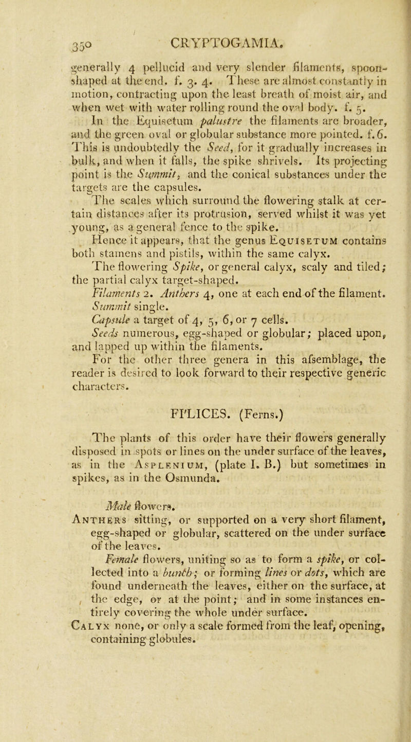 / CRYPTOGAMIA. 35^ generally 4 pellucid and very slender filaments, spoon- shaped at the end. f. 3. 4. These are almost constantly in motion, contracting upon the least breath of moist air, and when wet with water rolling round the oval body. f. 5. In the Equisetum palustr'e the filaments are broader, and the green oval or globular substance more pointed, f. 6. This is undoubtedly the Seed, for it gradually increases in bulk, and when it falls, the spike shrivels. Its projecting point is the Summit, and the conical substances under the targets are the capsules. The scales which surround the flowering stalk at cer- tain distances after its protrusion, served whilst it w’as yet young, as a general fence to the spike. Hence it appears, that the genus Equisetum contains both stamens and pistils, within the same calyx. The flowering Spike, or general calyx, scaly and tiled; the partial calyx target-shaped. Filaments 2. Anthers 4, one at each end of the filament. Summit single. Capsule a target of 4, 5, 6, or y cells. Seeds numerous, egg-shaped or globular; placed upon, and lapped up within the filaments. For the other three genera in this afsemblage, the reader is desired to look forward to their respective generic characters. FITICES. (Ferns.) The plants of this order have their flowers generally disposed in spots or lines on the under surface of the leaves, us in the Asplenium, (plate I. B.) but sometimes in spikes, as in the Osmunda. Male flowers. Anthers sitting, or supported on a very short filament, egg-shaped or globular, scattered on the under surface of the leaves. Female flowers, uniting so as to form a spike, or col- lected into a biinth; or forming lines or dots, which are found underneath the leaves, either on the surface, at , the edge, or at the point; and in some instances en- tirely covering the whole under surface. Calyx none, or only a scale formed from the leaf, opening, containing globules.