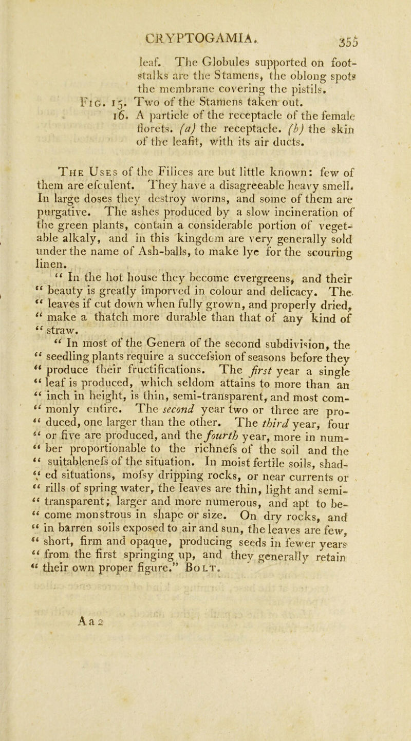 35 leaf. The Globules supported on foot- stalks are the Stameils* the oblong spots the membrane covering the pistils. FIG. 15. Two of the Stamens taken out. 16. A particle of the receptacle of the female tlorets. (a) the receptacle, (b) the skin of the leafit, v/ith its air ducts. The Uses of the Filices are but little known: few of them are efculent. They have a disagreeable heavy smell. In large doses they destroy worms, and some of them are purgative. The ashes produced by a slow incineration of the green plants, contain a considerable portion of veget- able alkaly, and in this kingdom are very generally sold under the name of Ash-balls, to make lyc for the scouring linen. In the hot house they become evergreens* and their “ beauty is greatly imporved in colour and delicacy. The. “ leaves if cut down when fully grown, and properly dried, make a thatch more durable than that of any kind of straw. ‘‘ In most of the Genera of the second subdivision, the ‘‘ seedling plants require a succefsion of seasons before they “ produce their fructifications. The first year a single “ leaf is produced, which seldom attains to more than an ‘‘ inch in height, is thin, semi-transparent, and most com- monly entire. The second year two or three are pro- duced, one larger than the other. The third year, four or five are produced, and the fourth year, more in num- “ her proportionable to the richnefs of the soil and the ‘‘ suitablenefs of the situation. In moist fertile soils, shad- V ed situations, mofsy dripping rocks, or near currents or rills of spring water, the leaves are thin, light and semi- << transparent; larger and more numerous, and apt to be- come monstrous in shape or size. On dry rocks, and in barren soils exposed to air and sun, the leaves are few, “ short, firm and opaque, producing seeds in fewer years “ from the first springing up, and they generally retain “ their own proper figure.” Bo lt. A a 2