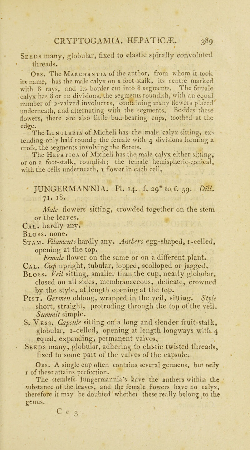 Seeds many, globular, fixed to elastic spirally convoluted threads. Obs. The March ANTI A of the author, from whom It took its name, has the male calyx on a foot-stalk, its centre marked with 8 rays, and its border cut into 8 segments. The female calyx has 8 or lo divisions, the segments roundish, with an equal number of 2-valved involucres, containing many flowers placed' underneath, and alternating with the segments. Besides these flowers, there are also little bud-bearing cups, toothed at the edge. TheLuNULARiA of Michell has the male calyx sitting, ex- tending only half round ; the female with 4 divisions forming a crofs, the segments involving the florets. The Hepatica of Micheli has the male calyx either sitting, or on a foot-stalk, roundish; the female hemispheric-conical, with the cells underneath, i flower in each cell, JUNGERMAN'NIA. PL 14. f. 29^ to L 59. DHL 71. 18. Male flowers sitting, crowxled together on the stem or the leaves. Cal. hardly any. Bloss. none. Stam. Filaments\v<vc<\\y any. Anthers egg-shaped^ i-celled, opening at the top. Female flower on the same or on a different plant. Cal. Cup upright, tubular, lopped, scolloped or jagged, Bloss. Veil sitting, smaller than the cup, nearly globular, closed on all sides, membranaceous, delicate, crowned by the style, at length opening at the top. Pi ST. Germen oblong, wrapped in the veil, sitting. Style short, straight, protruding through the top of the veil. Summit simple. S. Vess. Capsule sitting oira long and slender fruit-stalk, globular, i-celled, opening at length longways witiL4 equal, expanding, permanent valves.. Seeds many, globular, adhering to elastic twisted threads, fixed to some part of the valves of the capsule. Obs. a single cup often contains several germens, but only i of these attains perfection. The stemlefs Jungermannia’s have the anthers within the ' substance of the leaves, and the female flowers have no calyx, therefore it may be doubted whetbei these really belong jo the genus. 9