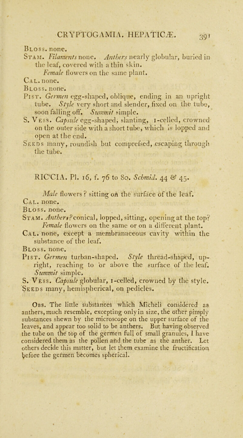 39^ Bloss. none. Stam. Filaments Yiowc, nearly globular, buried in the leaf, covered with a thin skin. Fefnale flowers on the same plant. Cal. none. Bloss. none. PiST. egg-shaped, oblique, ending in an upright tube. Style very short and slender, lixcd on the tube, soon falling off. Summit S. Vess. egg-shaped, slanting, i-celled, crowned on the outer side with a short tube, which is lopped and open at the end. Seeds many, roundish but comprefsed, escaping through the tube. RIC'CIA, PI. 16, f. 76 to 80. Schmid* 44 & 45. Male flowers ? sitting on the surfa'ce of the leaf. Cal. none. Bloss, none. Stam. Anthers?qowic^, lopped, sitting, opening at the top? Female flowers on the same or on a different plant. Cal. none, except a membranaceous cavity within the substance of the leaf. Bloss. none, PisT. Germen turban-shaped. Style thread-shap'ed, up- right, reaching to or above the surface of the leaf. Summit simple. S. Vess. globular, i-celled, crowned by the style. Seeds many, hemispherical, on pedicles. i Obs. The little substances which Micheli considered as anthers, much resemble, excepting only in size, the other pimply substances shewn by the microscope on the upper surface of the leaves, and appear too solid to be anthers. But having observed the tube on the top of the germen full of small granules, I have considered them as the pollen and the tube as the anther. Let others decide this matter, but let them examine the fructification l;)efore the gefme'ri becomes spherical. I