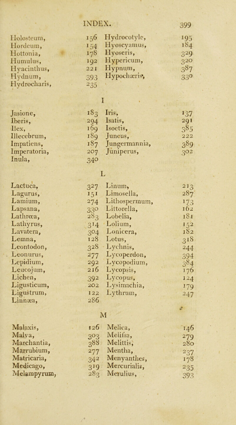 Ilolostcuni, 156 Hydrocotyle, 195 Horcleiim, 154 Hyoscyamiis, 184 Hottonia, 178 Hyoseris, 329 Hiimuliis, 192 Elypericum, 320 Hyacintlius, 221 Elypnum, 387 Hydiium, Hyclrocharis, 393 235 EIy}X)cli2eris*, 33^ I Jasione, 183 Iris, 137 Iberis, 294 Isatis, 291 Ilex, 169 Isoetis, 385 Illecebruin, 189 Juncus, 222 Impatiens, >87 Jungermannia, 389 Imperatoria, 207 Juniper us, 002 Inula, 340 L Lactuca, 327 Linum, 213 Lagurus,' Limosella, 287’ Lamium, 274 Lithospermum, '73 Lapsana, 330 Littorella, 162 Lathrcca, 283 Lobelia, 18 I Lathyrus, 3M Lolium, 152 Lavatera, 304 Lonicera, 182 Lemna, 128 Lotus, 318 Leontodon, 328 Lychnis, 244 Leomirus, 277 Lycoperdon, 394 'Lepidiuin, 292 Lycopodium, 384 Leiicojum, 216 Lycopsis, j 76 Lichen, 392 Ly copus, J24 Ligusticum, 202 Lysimachia, 179 Ligustrum, 122 Ly thrum, 247 Linnsea, 286 M ' Malaxis, 126 Melica, '146 Malva, 303 Melifsa, 279 Marchantia, 388 Melittis, ' 280 Marrubium, 277 Mentha, 237 Matricaria, 342 Menyanthes, 178 Medicago, 319 Mercurialis, 235 Melampyrum, 283 Merulius, 393