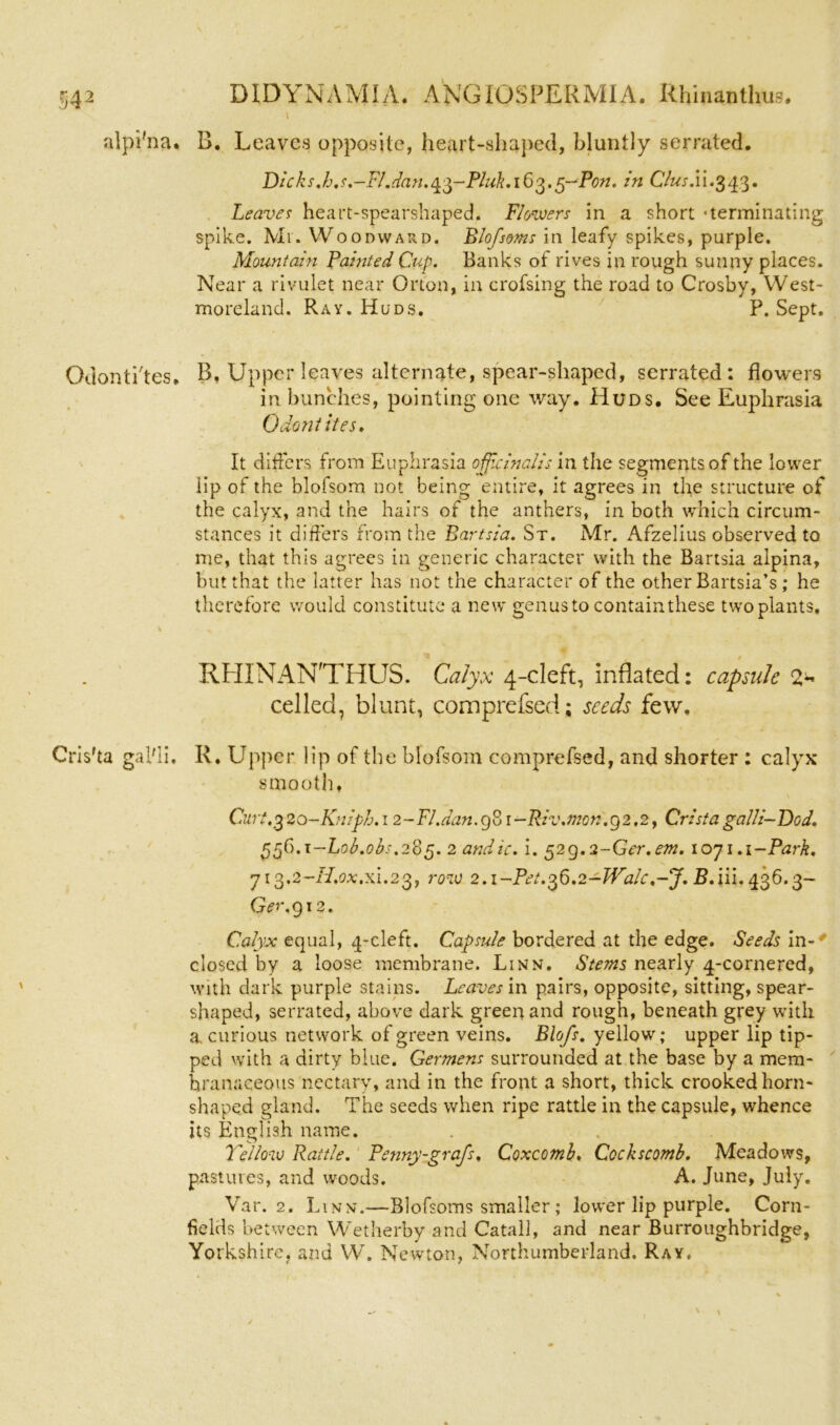 54-2 alpi'na. Odonti'tes, Cris'ta gal'li. DIDYNAMIA. ANGIOSPERMIA. Rhinanthus. B. Leaves opposite, heart-shaped, bluntly serrated. Dicks.h.s.-F/.dan./±$-Pluk.i6$.5-^Pon. in CAu.ii.343. Leaves heart-spearshaped. Flowers in a short ‘terminating spike. Mi. Woodward. Blofsoms in leafy spikes, purple. Mountain Fainted Cup. Banks ot rives in rough sunny places. Near a rivulet near Orton, in crofsing the road to Crosby, West- moreland. Ray. Huds. P. Sept. B, Upper leaves alternate, spear-shaped, serrated: flowers in bunches, pointing one way. Huds. See Euphrasia Odontites. It differs from Euphrasia officinalis in the segments of the lower lip of the blofsom not being entire, it agrees in die structure of the calyx, and the hairs of the anthers, in both which circum- stances it differs from the Bartsia. St. Mr. Afzelius observed to me, that this agrees in generic character with the Bartsia alpina, but that the latter has not the character of the other Bartsia’s; he therefore would constitute a new genus to contain these two plants. RHINANTHUS. Calyx 4-cleft, inflated: capsule 2^ celled, blunt, comprefsed; seeds few. R. Upper lip of the blofsom comprefsed, and shorter : calyx smooth, Curt,320-Kniph. i 2~Fl.dan.gQ i-Riv.Jnon.92.2, Crista galli-Dod. 556.1-LoA0A-.285. 2 andic. i. 52g.2-Ger.em. 1071.i-Park. j13.2-H.0x.xl.23, row 2.1-Pet. 36,2-1Valc.-J. B.iii. 436.3- Ger.g 12. Calyx equal, 4-cleft. Capsule bordered at the edge. Seeds in-< closed by a loose membrane. Linn. Stems nearly 4-cornered, with dark purple stains. Leaves in pairs, opposite, sitting, spear- shaped, serrated, above dark green and rough, beneath grey with a, curious network of green veins. Blofs. yellow; upper lip tip- ped with a dirty blue. Germens surrounded at the base by a mem- branaceous nectary, and in the front a short, thick crooked horn- shaped gland. The seeds when ripe rattle in the capsule, whence its English name. Yellow Rattle. Penny-grafs. Coxcomb, Cockscomb. Meadows, pastures, and woods. A. June, July. Var. 2. Linn.—Blofsoms smaller ; lower lip purple. Corn- fields between Wetherby and Catall, and near Burroughbridge, Yorkshire, and W. Newton, Northumberland. Ray.