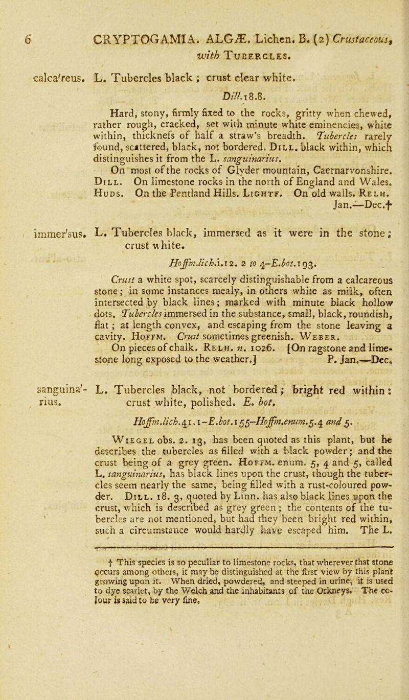 with Tubercles. calca'reus. immer’sus. sanguina- rius. L. Tubercles black ; crust clear white. Dill. 18.8. Hard, stony, firmly fixed to the rocks, gritty when chewed, rather rough, cracked, set with minute white eminencies, white within, thicknefs of half a straw’s breadth. Tubercles rarely found, scattered, black, not bordered. Dill, black within, which distinguishes it from the L. sanguinarius. On most of the rocks of Glyder mountain, Caernarvonshire. Dill. On limestone rocks in the north of England and Wales. Kuds. On the Pentland Hills. Lightf. On old walls. Relh. Jan.—-Dec.f L, Tubercles black, immersed as it were in the stone; crust white. Hojfm.lich.1.12. 2 to %-E.bot.z93. Crust a white spot, scarcely distinguishable from a calcareous stone; in some instances mealy, in others white as milk, often intersected by black lines; marked with minute black hollow dots. Tulercles immersed in the substance, small, black, roundish, flat; at length convex, and escaping from the stone leaving a cavity. Hoffm. Crust sometimes greenish. Weber. On pieces of chalk. Relh. n. 1026. [On ragstone and lime- stone long exposed to the weather.] P. Jan.—Dec, L. Tubercles black, not bordered; bright red within: crust white, polished. E. bot. Hoffm.i-E.bot.i 5g-Hojfm,enum.5.4 and5. Wiegel obs. 2. 13, has been quoted as this plant, but he describes the tubercles as filled with a black powder; and the crust being of a grey green. Hoffm. enum. 5, 4 and 5, called L. sanguinarius, has black lines upon the crust, though the tuber- cles seem nearly the same, being filled with a rust-coloured pow- der. Dill. 18. 3, quoted by Linn, has also black lines upon the crust, which is described as grey green; the contents of the tu- bercles are not mentioned, but had they been bright red within, such a circumstance would hardly have escaped him. The L. * f This species is so peculiar to limestone rocks, that wherever that stone Occurs among others, it may be distinguished at the first view by this plant growing upon it. When dried, powdered, and steeped in urine, it is used to dye scarlet, by the Welch and the inhabitants of the Orkneys. The co- lour is said to be very fine.