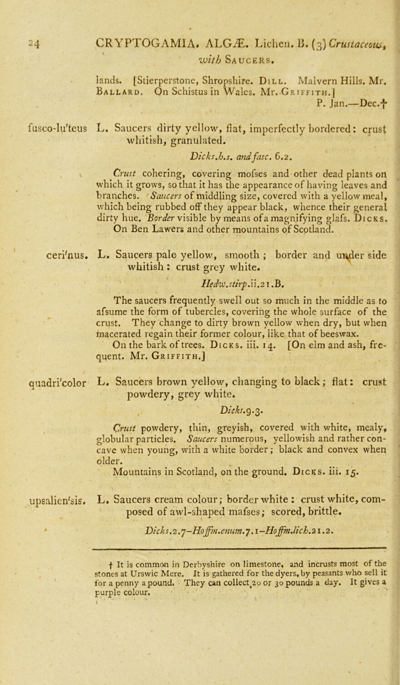 with Saucers. fusco-Iu'teus \ ceri'nus. quadri'color upsalien'sis. lands. [Stierperstone, Shropshire. Dill. Malvern Hills. Mr. Ballard. On Schistus in Wales. Mr.-Griffith, j P. Jan.—Dec.-}* L. Saucers dirty yellow, flat, imperfectly bordered: crust whitish, granulated. Dicks.h.s. andfasc. 6.2. Crust cohering, covering mofses and other dead plants on which it grows, so that it has the appearance of having leaves and branches. Saucers of middling size, covered with a yellow meal, which being rubbed off they appear black, whence their general dirty hue. Border visible by means of a magnifying glafs. Dicks, On Ben Lawers and other mountains of Scotland. L. Saucers pale yellow, smooth ; border and under side whitish : crust grey white. Hedw. stirp. i i. 21. B. \ b - The saucers frequently swell out so much in the middle as to afsume the form of tubercles, covering the whole surface of the crust. They change to dirty brown yellow when dry, but when macerated regain their former colour, like that of beeswax. On the bark of trees. Dicks, iii. 14. [On elm and ash, fre- quent. Mr. Griffith,] L. Saucers brown yellow, changing to black; flat: crust powdery, grey white. Dicks. 9.3. Crust powdery, thin, greyish, covered with white, mealy, globular particles. Saucers numerous, yellowish and rather con- cave when young, with a white border; black and convex when older. Mountains in Scotland, on the ground. Dicks, iii. 15. L. Saucers cream colour; border white: crust white, com- posed of awl-shaped mafses; scored, brittle. Dicks. 2.7-Hojfm.enum. 7.1 -Hoffm.lich. 21.2. f It is common in Derbyshire on limestone, and incrusts most of the stones at Urswic Mere. It is gathered for the dyers, by peasants who sell it for a penny a pound. They can collectt2o or 30 pounds a day. It gives a purple colour. i