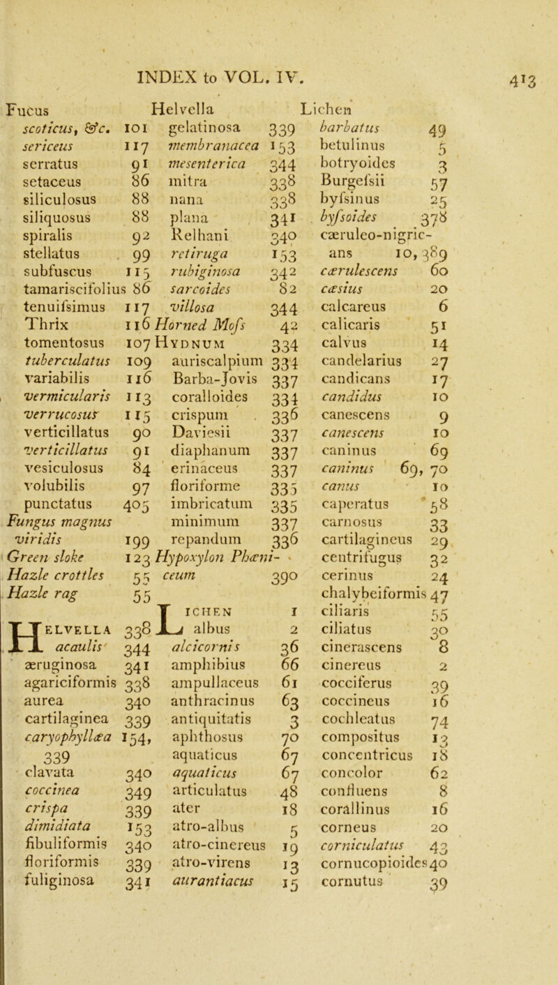 INDEX to VOL. IV Fucus Helvella Lichen scoticust &c. IOI gelatin osa 339 barbatus 49 sericeus ll7 inembranacea 153 betulinus 5 serratus 9i me sent erica 344 botryoides 3 setaceus 86 mitra 338 Burgei'sii 57 siliculosus 88 nana 33s byfsinus 25 siliquosus 88 plana 34i byfsoides 378 spiralis 92 Relhani 340 cseruleo-nigric- stellatus 99 rctirnga J53 ans 10 »3® 9 subfuscus 115 rubiginosa 342 ceerulescens 60 tamariscifolius 86 sarcoides 82 ceesius 20 tenuilsimus 117 vtllosa 344 cal care us 6 Thrix n6 Horned Mofs 42 calicaris 5i tuberculatas 109 variabilis 116 vermicularis 113 'verrucosus verticillatus v erticillatus vesiculosus volubilis punctatus Fungus magnus viridis Green sloke Hazle crottles Hazle rag 1*5 90 9r 84 97 405 T99 .YDNUM 334 auriscalpium 334 Barba-Jo vis 337 coral loides 334 crispum Daviesii diaphanum erinaceus flori forme imbricatum minimum repandum 23 Hy poxy Ion Fhecni- 336 337 337 337 335 335 337 336 55 55 ceurn H 338 344 34i ELVELLA acaulis aeruginosa agariciformis 338 aurea 340 cartilaginea 339 caryophylleea 154, 339 clavata coccinea crlspa dimidiata fibuliformis flori form is fuliginosa L 34° 349 339 *53 340 339 341 ICHEN albus alcicornis amphibius ampullaceus anthracinus antiquitatis aphthosus aquaticus aqualicus articulatus ater at ro-albus atro-cinereus atro-virens aurantiacus 39° 1 2 36 66 61 63 3 70 67 67 48 18 5 J9 J3 J5 calvus candelarius candicans candidus canescens canescens can in us caninus canus caperatus carnosus 14 27 J7 10 cartilaginous p centrifugus 9 10 69 69,70 10 '5* 33 29 32 cerinus 24 chalybeiformis 47 ciliaris ciliatus cinerascens cinereus cocciferus cocci neus cochleatus compositus conccntricus concolor con fl uens corallinus corneus corniculatus cornucopioides4o cornutus 39 55 38 2 39 16 74 *3 18 62 8 16 20 43