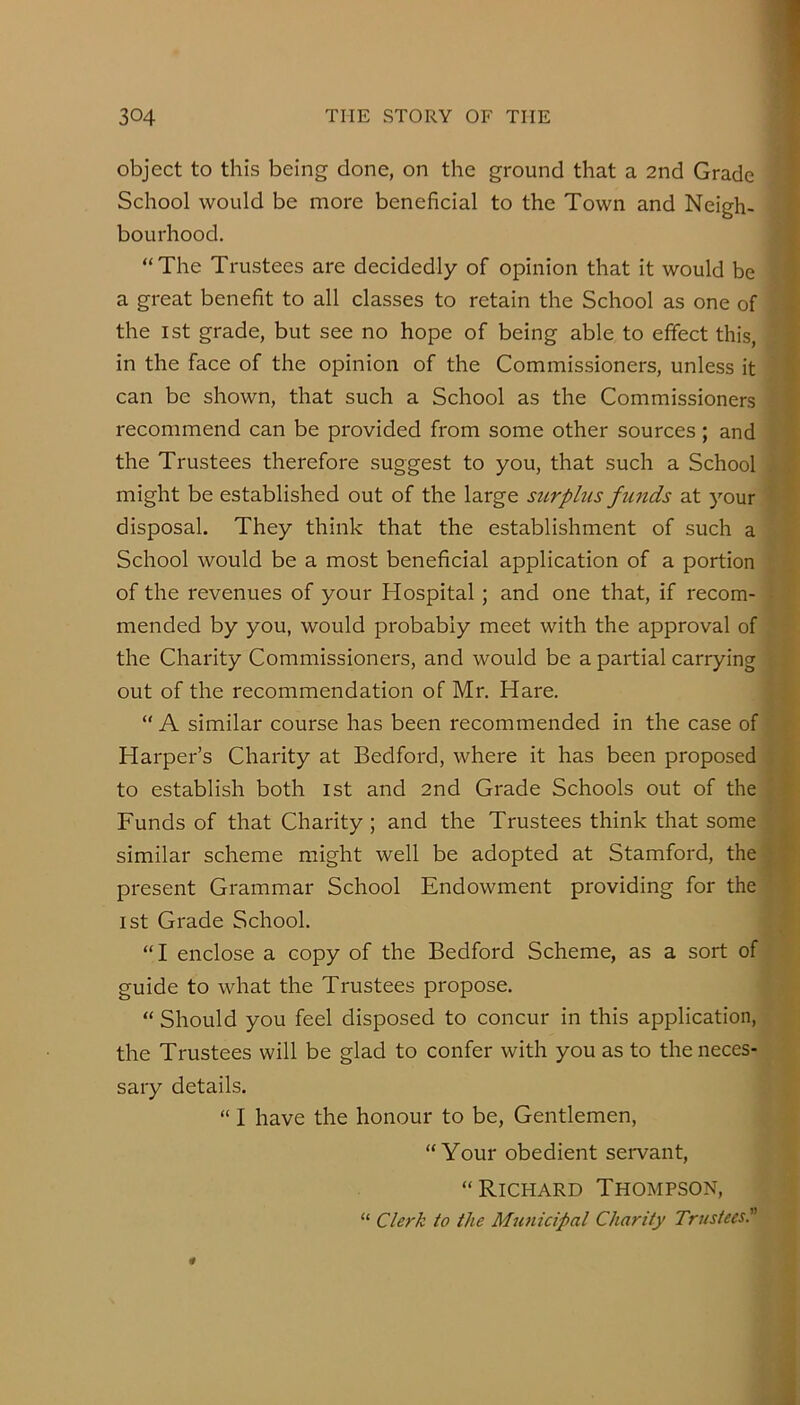 object to this being done, on the ground that a 2nd Grade School would be more beneficial to the Town and Neigh- bourhood. “The Trustees are decidedly of opinion that it would be a great benefit to all classes to retain the School as one of the 1st grade, but see no hope of being able to effect this, in the face of the opinion of the Commissioners, unless it can be shown, that such a School as the Commissioners recommend can be provided from some other sources; and the Trustees therefore suggest to you, that such a School might be established out of the large surplus funds at j^our disposal. They think that the establishment of such a School would be a most beneficial application of a portion of the revenues of your Hospital; and one that, if recom- mended by you, would probably meet with the approval of the Charity Commissioners, and would be a partial carrying out of the recommendation of Mr, Hare. “A similar course has been recommended in the case of Harper’s Charity at Bedford, where it has been proposed to establish both 1st and 2nd Grade Schools out of the Funds of that Charity ; and the Trustees think that some similar scheme might well be adopted at Stamford, the present Grammar School Endowment providing for the 1st Grade School. “I enclose a copy of the Bedford Scheme, as a sort of guide to what the Trustees propose. “ Should you feel disposed to concur in this application, the Trustees will be glad to confer with you as to the neces- sary details. “ I have the honour to be, Gentlemen, “Your obedient servant, “Richard Thompson, “ Clerk to the Municipal Charity Trustees.