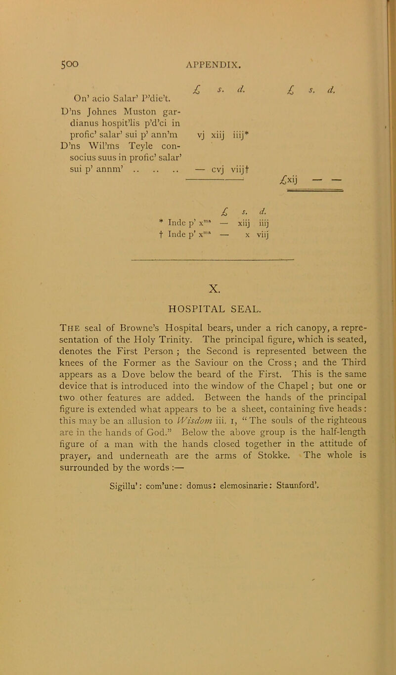 C -y- £ s. d. vj xiij iiij* — cvj viijt ^xij — — £ j. d. * Inde p’ x' — xiij iiij t Inde p’ x'“ — X viij On’ acio Salar’ P’die’t. U’ns Johnes Muston gar- dianus hospit’lis p’d’ci in profic’ salar’ sui p’ ann’m D’ns Wil’nis Teyle con- socius suus in profic’ salar’ sui p’ annm’ X. HOSPITAL SEAL. The seal of Browne’s Hospital bears, under a rich canopy, a repre- sentation of the Holy Trinity. The principal figure, which is seated, denotes the First Person ; the Second is represented between the knees of the Former as the Saviour on the Cross ; and the Third appears as a Dove below the beard of the First. This is the same device that is introduced into the window of the Chapel; but one or two other features are added. Between the hands of the principal figure is extended what appears to be a sheet, containing five heads: this maybe an allusion to I'Visdom iii. i, “The souls of the righteous are in the hands of God.” Below the above group is the half-length figure of a man with the hands closed together in the attitude of prayer, and underneath are the arms of Stokke. The whole is surrounded by the words :— Sigillu’: com’une: domus: elemosinarie: Staunford’.