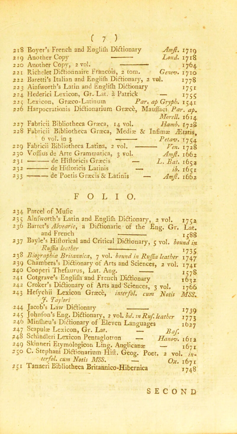 218 Boyer’s French and Englilh Dictionary 219 Another Copy — 220 Another Copy, 2 vol. ______ 221 Richelet DiCtionnaire Francois, 2 tom. Ainjl. Loud. 1719 1718 222 22 3 22+ 225 t7&4 1710 1778 1751 J75S 1541 Gencv. Baretti’s Italian and Englifh Dictionary, 2 vol. Ainfvvorth’s Latin and Cinglifh Dictionary Hederici Lexicon, Gr. Lat. a Patrick — Lexicon, Graco-Latinum Par. ap Grypb. 226 Harpocrationis DiCtionarium Grice, Mauflaci Par. ap. More 11. 1614 227 Fabricii Bibliotheca Graca, 14 vol. Ha/nb. 1728 228 Fabricii Bibliotheca Graca, Media? & Infirm iEtatis 6 vol. in 3 Petav. zzq Fabricii Bibliotheca Latina, 2 vol. Ven. 230 Voffius de Arre Grammatica, 3 vol. Amfi. 231 de Hiftoricis Gracis 232 de Hiftoricis Latinis 233 de Poetis Grids & Latinis — L. Pat. ib. Amjl. T754 1728 1662 1652 1651 1662 FOLIO. 234 Parcel of Mufic 235 Ainfworth’s Latin and Englifli Dictionary, 2 vol. 1752 236 Barret’s Ahearic, a DiCtionarie of the Eng. Gr. Lat. and French • 1388 237 Bayle’s Hiftorical and Critical Dictionary, 5 vol. bound ip RuJJia leather J73S 238 Biographia Bri/annica, 7 vol. bound in RuJJia leather 1747 239 Chambers’s Dictionary of Arts and Sciences, 2 vol. 1741 240 Cooperi Thefaurus, Lat. Ang. J57S 241 Cotgrave's Englifli and French Dictionary ,632 242 Croker’s Dictionary of Arts and Sciences, 3 vol. 1766 243 Hefychii Lexicon Grace, interfol. cum Rons MSS. J. TayJori 244 Jacob’s Law DiCtionarj'- *739 1773 1627 245 Johnfon’s Eng. Dictionary, 2 vol. bd. inRuf. leather 24b Minfheu’s Dictionary of Eleven Languages 247 Scapula: Lexicon, Gr. Lar. !L- fiar 248 Schindleri Lexicon Pentaglotron — Hanot). 1612 249 Skinneri Etymologicon Ling. Anglican! — 1671 in- 250 C. Stephani DiCtionarium Hift. Geog. Poet. terfol. cum Notis MSS. 2; I Tanneri Bibliotheca Britannico-Hibernica 2 vol. Ox. 1671 1748 ✓ SECOND