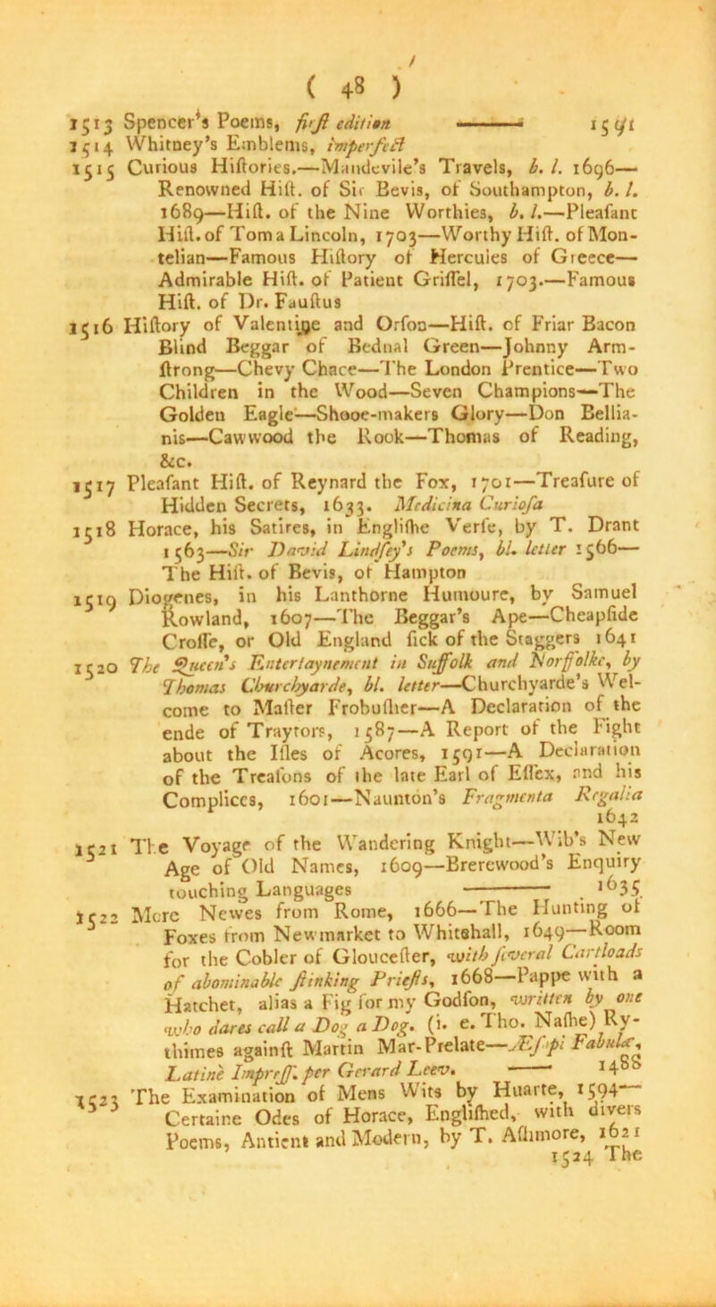 ( 43 )' 1515 Spencer’s Poems, pjl edit ion 15 91 3414 Whitney’s Emblems, tmperfcft 1515 Curious Hiftories.—Maude vile’s Travels, b. 1. 1696— Renowned Hitt, of Sir Bevis, ot Southampton, b. 1. 1689—Hitt, of the Nine Worthies, b. 1.—Pleafanc Hitt.of Toma Lincoln, 1703—Worthy Hitt, of Mon- telian—Famous Hiftory of Hercules of Greece— Admirable Hitt, of Patient Grittel, 1703.—Famous Hitt, of Dr. Fauftus 1516 Hiftory of Valentine and Orfon—Hitt, of Friar Bacon Blind Beggar of Bednal Green—Johnny Arm- ftrong—Chevy Chace—The London Prentice—Two Children in the Wood—Seven Champions—The Golden Eagle1—Shooe-makers Glory—Don Bellia- nis—Cawvvood the Rook—Thomas of Reading, &c. 11517 Pleafant Hitt, of Reynard the Fox, 1701—Treafure of Hidden Secrets, 1633. Mcdidna Curio/a 1518 Horace, his Satires, in Englifhe Verl'e, by T. Drant 1563—Sir David L indfey s Poems, bh letter 1566— The Hitt, of Bevis, ot Hampton 1519 Diogenes, in his Lanthorne Humoure, by Samuel Rowland, 1607—The Beggar’s Ape—Cheapfide Crofl'e, or Old England fick of the Staggers 1641 IC20 7he Queen's Entertaynement in Suffolk and frlorffolkc, by 1 hennas Cbvrcbyarde, bl. letter—Churchyarde s Wel- come to Matter Frobuttter—A Declaration of the ende of Traytors, 1587—A Report of the l ight about the Ifles of Acores, 1591—A Declaration of the Treafons of ihe late Earl of Ellex, and his Complices, 1601—Naunton’s Fragment a Regalia j r 21 The Voyage of the Wandering Knight—Wib’s New Age of Old Names, 1609—Brerewood’s Enquiry touching Languages — . ,()35. IC22 Merc Newes from Rome, 1666—The Hunting ot Foxes from New market to Whitehall, 1649—Room for the Cobler of Gloucefter, with ftveral Cartloads of abominable J,linking Priejis, 1668 Pappe with a Hatchet, alias a Fig for my Godfon, written by one who dares call a Do* a Dog. (i* e. I ho. Nafhe) R v- thimes again ft Martin Mar-Prelat e—J'ffpiFabuU, IjUtine hnprrff. per Gerard Leev. * 14 •tezi The Examination of Mens VVits by Huaite, 1594 * * Certaine Odes of Horace, Enghfhed, with divers Poems, Antient and Modern, by T. Aflunore, 1 21 1524 The