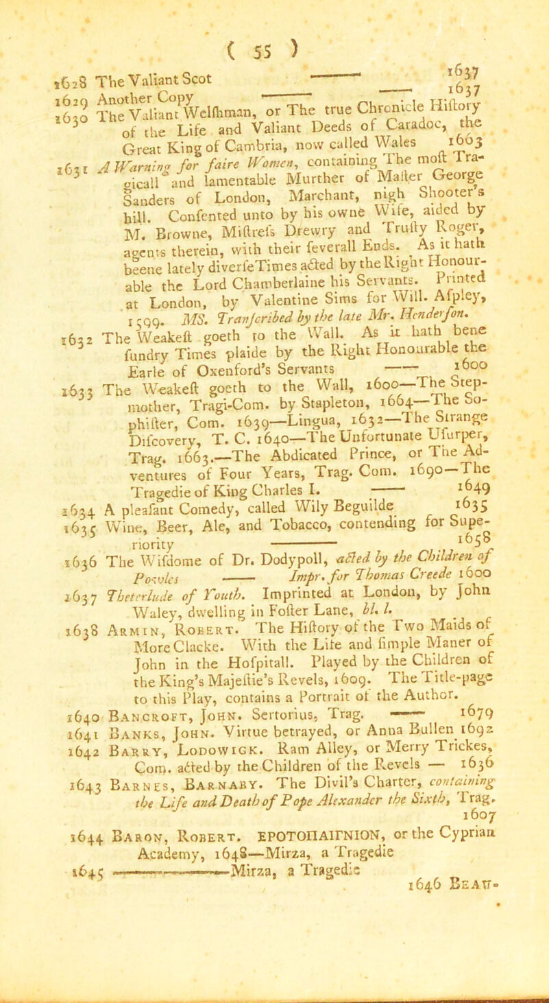 tGiS 1629 1630 1631 ( 55 The Valiant Scot Another Copy The Valiant Wellhman, of the Life 1637 1637 1632 Z635 1634 1635 1636 2637 163S 1640 1641 1642 1643 1644 1645 or The true Chronicle Hiftory and Valiant Deeds of Caradoc, the Great King of Cambria, now called Wales 1603 A Warning for fairs Women, containing 1 he molt Ira- ‘ oicall and lamentable Murther of Mailer George Sanders of London, Marchant, nigh Shooters bill. Confented unto by his owne V\ ite, aided by M. Browne, Miftrefs Drewry and Trudy Kogev, agents therein, with their feverall Ends. _ As it hat beene lately diverfeTimes a&ed by the Right Honour- able the Lord Chamberlaine his Servants. 1 anted at London, by Valentine Sims for Will. Afpley, 1 '•qq- MS. Tranjcribed by the late Mr. Hcnderfon. The Weakeft goeth to the Wall. As u hath bene fundry Times plaide by the Right Honourable the Earle of Oxenford’s Servants 1(300 The Weakeft goeth to the Wall, 1600— I he: Step- mother, Tragi-Com. by Stapleton, 1664—iheoo- phifter, Com. 1639—Lingua, 1632—The Strange Dilcovery, T. C. 1640—The Unfortunate Ulurper, Trav. 1663.—The Abdicated Prince, or Tne Ad- ventures of Four Years, Trag. Com. 1690—The Tragedie of King Charles I. I 049 A pleafant Comedy, called Wily Beguilde i635 Wine, Beer, Ale, and Tobacco, contending for Supe- riority l658 The Wifdome of Dr. Dodypoll, afted by the Children of Po-:vies • Jmpr. for Thomas Creede 1600 Thetrrlude of Youth. Imprinted at London, by John Waley, dwelling in Fofter Lane, bl. l. Arm in, Robert. The Hiftory of the Two Maids of MoreClackc. With the Lite and fimple Maner of John in the Hofpitall. Played by the Children of the King’s Majeitie’s Revels, 1609. The I itle-page to this Play, contains a Portrait ot the Author. Bancroft, John. Sertorius, Trag. — l(379 Banks, John. Virtue betrayed, or Anna Bullen 1692 Barry, Lodovvigk. Ram Alley, or Merry Trickes, Com. adted by the Children of the Revels — 1636 Barnes, Barnaby. The Divil’a Charter, containing the Life and Death of Pope Alexander the Sixth, I rag. 1607 Baron, Robert. EPOTOnAirNION, or the Cyprian Academy, 164S—Mirza, a Tragedie —— —— Mirza, a Tragedie 1646 Beatt-