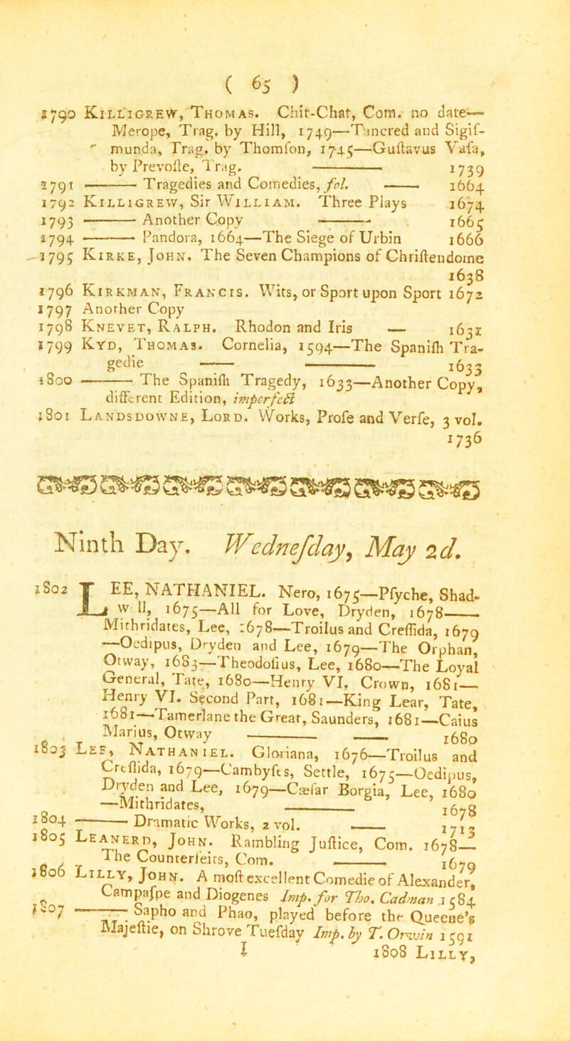 379° Killigrew, Thomas. Chit-Chat, Com. no date;— Merope, Trag. by Hill, 1749—T incred and Sigil- *■ munda, Trag. by Thomfon, 1745—Guftavus Vafa, by Prevolte, Trag. 17 3 g •1791 Tragedies and Comedies, fol. 1664 1792 Killigrew, Sir William. Three Plays 1674 1793 Another Copy 1665 1794 Pandora, 1664—The Siege of Urbin 1666 — ? 795 Kirke, John. The Seven Champions of Chriflendome 1638 1796 Kirkman, Francis. Wits, or Sport upon Sport 1672 1797 Another Copy 1798 Knevet, Ralph. Rhodon and Iris — 1631 3799 Kyd, Thomas. Cornelia, 1594—The Spanifh Tra- gedie r633 1500 — The Spamfli Tragedy, 1633—Another Copy, different Edition, imperfed 1501 Landsdowne, Lord. Works, Profe and Verfe, 3 vol. 1736 Ninth Day. Wednefday, May 2 d. 1S02 T EE, NATHANIEL. Nero, 1675—Pfyche, Shad- —/ w 11, 1675—All for Love, Dryden, 1678 . Mirhridates, Lee, :678—Troilus and Creflida, 1679 —Oedipus, Dryden and Lee, 1679—The Orphan, Otway, 1683—Theodolius, Lee, 1680—The Loyal Lreneral, Tate, 1680—Henry VI, Crown, 1681 — Henry VI. Second Part, 1681—King Lear, Tate, 1681 • Tamerlane the Great, Saunders, 1681—Caius Marius, Otway l6g0 1805 Lef» Nathaniel. Gloriana, 1676—Troilus and Crtflida, 1679—Cambyfts, Settle, 1675—Oedipus, Divden and Lee, 1679—Ctelar Borgia, Lee, 1680 —Mithndates, l6 o 1804- Dramatic Works, 2 vol. 1805 Leanerd, John. Rambling Juflice, Com. 1678— 1 he Counterfeits, Com. J806 Lilly, John. A mofi excellent Comedie of Alexander, Campafpe and Diogenes Imp. for Tho. Cad,nan .1184 ''■°7 • . ~apho and Phao, played before the Queene’s Majeftie, on Shrove Tuefday Imp. by T.Onvin 1591 i iSoS Lilly,