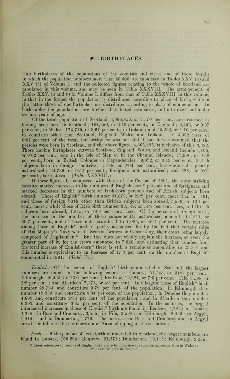 F.—BIRTHPLACES. The birthplaces of the populations of the counties and cities, and of those burghs in which the population numbers more than 20,000, are tabulated in Tables XXV. (a) and XXV. (b) of Volume I., and the collected figures relating to the whole of Scotland are tabulated in this volume, and may be seen in Table XXXVIII. The arrangement of Tables XXV. (a and b) in Volume I. differs from that of Table XXXVIII. in this volume, in that in the former the population is distributed according to place of birth, while in the latter those of one birthplace are distributed according to place of enumeration. In both tables the populations are further distributed into sexes, and into over and under twenty years of age. Of the total population of Scotland, 4,365,855, or 9170 per cent., are returned as having been born in Scotland; 161,650, or 3'40 per cent., in England; 3,452, or 0-07 per cent., in Wales; 174,715, or 3'67 per cent., in Ireland; and 55,232, or 176 per cent., in countries other than Scotland, England, Wales, and Ireland. In 3,382 cases, or 0-07 per cent, of the total, the birthplace was not stated, but it was assumed that the persons were born in Scotland, and the above figure, 4,365,855, is inclusive of this 3,382. Those having birthplaces outwith Scotland, England, Wales, and Ireland, include 1,105, or 0’02 percent., born in the Isle of Man or in the Channel Islands; 17,890, or 0'38 per cent., born in British Colonies or Dependencies; 9,072, or 079 per cent., British subjects born in foreign countries; 1,798, or 0-04 per cent., foreigners subsequently naturalised; 24,739, or 0'52 per cent., foreigners not naturalised; and 628, or 0-01 per cent., born at sea. (Table XXXVIII.) If these figures be compared with those of the Census of 1901, the most striking- facts are marked increases in the numbers of English-born* persons and of foreigners, and marked decreases in the numbers of Irish-born persons and of British subjects born abroad. Those of English* birth number 31,079, or 23’2 per cent., more than in 1901, and those of foreign birth, other than British subjects born abroad, 7,596, or 407 per cent., more; while those of Irish birth number 30,349, or 14’8 per cent., less, and British subjects born abroad, 1,845, or 16’9 per cent., less. Of the persons of foreign birth, the increase in the number of those subsequently naturalised amounts to 511, or 397 per cent., and of those not naturalised to 7,085, or 407 per cent. The increase among those of English* birth is partly accounted for by the fact that certain ships of His Majesty’s Navy were in Scottish waters on Census day, their crews being largely composed of Englishmen.* But this does not wholly explain the increase, or even the greater part of it, for the crews amounted to 7,828, and deducting that number from the total increase of English-born* there is still a remainder amounting to 23,251, and this number is equivalent to an increase of 17’3 per cent, on the number of English'1 enumerated in 1901. {Table F2.) English.—Of the persons of English* birth enumerated in Scotland, the largest numbers are found in the following counties:—Lanark, 51,148, or 31*0 per cent.; Edinburgh, 26,493, or 16‘0 per cent. ; Renfrew, 12,621, or 7'6 per cent.; Fife, 8,598, or 5’2 per cent.; and Aberdeen, 7,171, or 4*3 per cent. In Glasgow those of English* birth number 29,724, and constitute 379 per cent, of the population; in Edinburgh they number 19,333, and constitute 6’04 per cent, of the population ; in Dundee they number 4,693, and constitute 2'84 per cent, of the population ; and in Aberdeen they number 6,303, and constitute 3'85 per cent, of the population. In the counties, the largest intercensal increases in those of English* birth are found in Renfrew, 5,722 ; in Lanark, 4,398 ; in Ross and Cromarty, 3,555 ; in Fife, 3,598 ; in Edinburgh, 2,495 ; in Argyll, 1,914; and in Dumbarton, 1,776. The increases in Ross and Cromarty and in Argyll are attributable to the enumeration of Naval shipping in these counties. Irish.—Of the persons of Irish birth enumerated in Scotland, the largest numbers are found in Lanark, 100,294; Renfrew, 21,571; Dumbarton, 10,115; Edinburgh, 9,235; * These references to persons of English birth are to be understood as comprising persons born in Wales as well as those born in England.