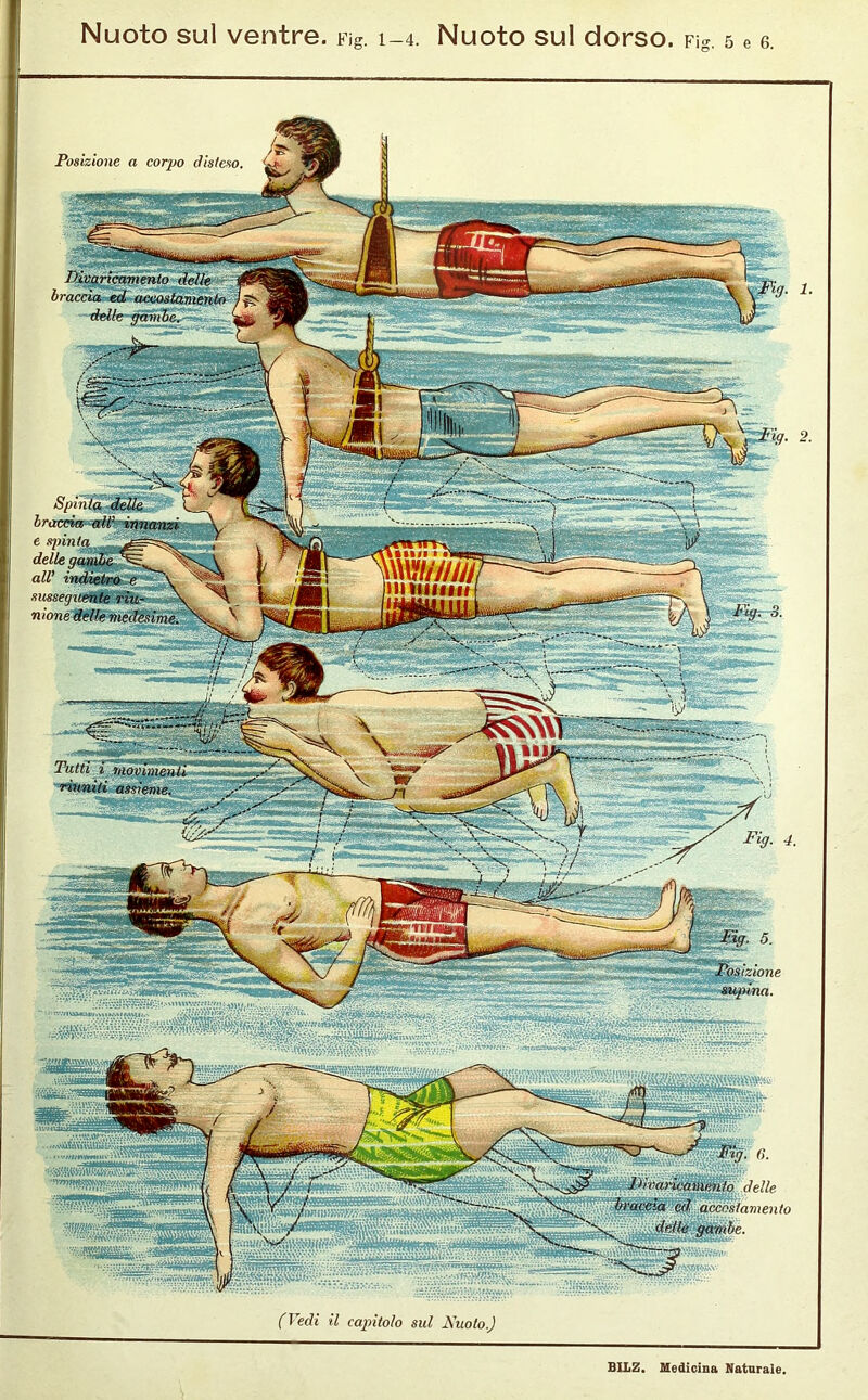 Nuoto sui ventre. Fig. 1-4. Nuoto sul dorso. fìs. 5 e 6. | Posizione a corpo disteso, 'kj- Divaricamento delle braccia ed accostamento delle gambe. Spinta delle braccia ali' innanzi e sninto. delle gambe ^ all’ susseguente rìu-- N nione delle medesime. lutti i movimenti riuniti assieme. Posizione supina. nmw, »A*jiW\uUUìi LvUmmw ^7nyr»^^\^A%v.v,w/ Fig. Jtìvancamento delle braccia cd, accostamento : delle gambe. :»wnwv 1. (Vedi il capitolo sul Ruolo.)