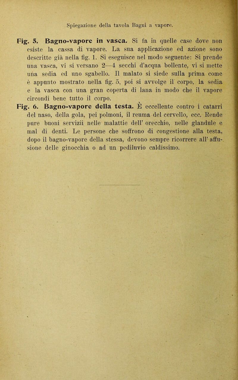 Fig. 5* Bagno=vapore in vasca. Si fa in quelle case dove non esiste la cassa di vapore. La sua applicazione ed azione sono descritte già nella fig. 1. Si eseguisce nel modo seguente: Si prende una vasca, vi si versano 2—4 secchi d’acqua bollente, vi si mette una sedia ed uno sgabello. Il malato si siede sulla prima come è appunto mostrato nella fig. 5, poi si avvolge il corpo, la sedia e la vasca con una gran coperta di lana in modo che il vapore circondi bene tutto il corpo. Fig. 6. Bagno=vapore della testa. È eccellente contro i catarri del naso, della gola, pei polmoni, il reuma del cervello, ecc. Rende pure buoni servizii nelle malattie dell’ orecchio, nelle glandule e mal di denti. Le persone che soffrono di congestione alla testa, dopo il bagno-vapore della stessa, devono sempre ricorrere all’ allu- sione delle ginocchia o ad un pediluvio caldissimo.