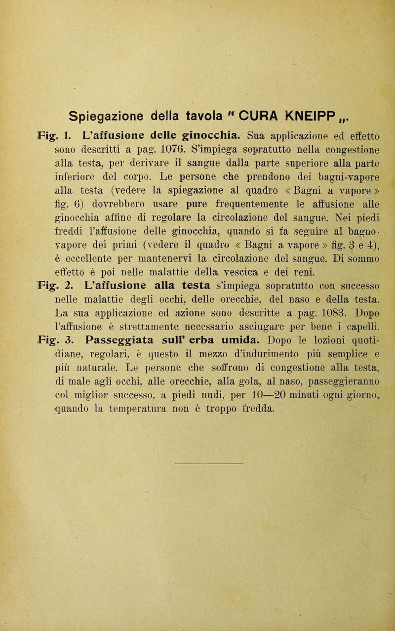 Spiegazione della tavola CURA KNEIPP,,. Fig. 1. L’affusione delle ginocchia. Sua applicazione ed effetto sono descritti a pag. 1076. S’impiega sopratutto nella congestione alla testa, per derivare il sangue dalla parte superiore alla parte inferiore del corpo. Le persone che prendono dei bagni-vapore alla testa (vedere la spiegazione al quadro « Bagni a vapore » fig. 6) dovrebbero usare pure frequentemente le allusione alle ginocchia affine di regolare la cireolazione del sangue. Nei piedi freddi l’affusione delle ginoechia, quando si fa seguire al bagno- vapore dei primi (vedere il quadro « Bagni a vapore » fig. 3 e 4), è eccellente per mantenervi la circolazione del sangue. Di sommo effetto è poi nelle malattie della vescica e dei reni. Fig. 2. L’affusione alla testa s’impiega sopratutto con successo nelle malattie degli occhi, delle orecchie, del naso e della testa. La sua applicazione ed azione sono descritte a pag. 1083. Dopo l’affusione è strettamente necessario asciugare per bene i capelli. Fig. 3. Passeggiata sull’ erba umida. Dopo le lozioni quoti- diane, regolari, è questo il mezzo d’indurimento più semplice e più naturale. Le persone che soffrono di congestione alla testa, di male agli occhi, alle orecchie, alla gola, al naso, passeggieranno col miglior successo, a piedi nudi, per 10—20 minuti ogni giorno, quando la temperatura non è troppo fredda.