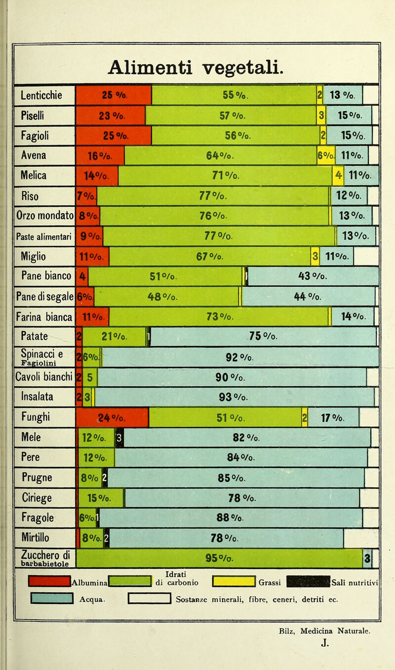 Lenticchie 25 %. 55%. 2 13 %. Piselli 23 %. 57 %. 3 15%. Fagioli 25%. 56%. 2 15%. Avena 16%. 64%. Sc /o. 11%. Melica 14%. 71%. 4 11%. Riso 7%. 77%. 12%. Orzo mondato 8%. 76%. 13%. Paste alimentari 9%. 77%. 13%. Miglio 11% 67%. 3 11%. Pane bianco 4p° 51%. 43 %. Pane di segale 48%. 44 %. Farina bianca • ■m cz 73%. 14%. Alimenti vegetali. 75%. 92 %. 90 % 93%. 51 %. 2 17%. 82 %. 84%. 85%. 78 %• 88 %. 78%. Zucchero di barbabietole 95%. llbuminal Acqua. Idrati _ di carbonio |_ Grassi (Sali nutritivi ] Sostanze minerali, fibre, ceneri, detriti ec. Bilz, Medicina Naturale. J.