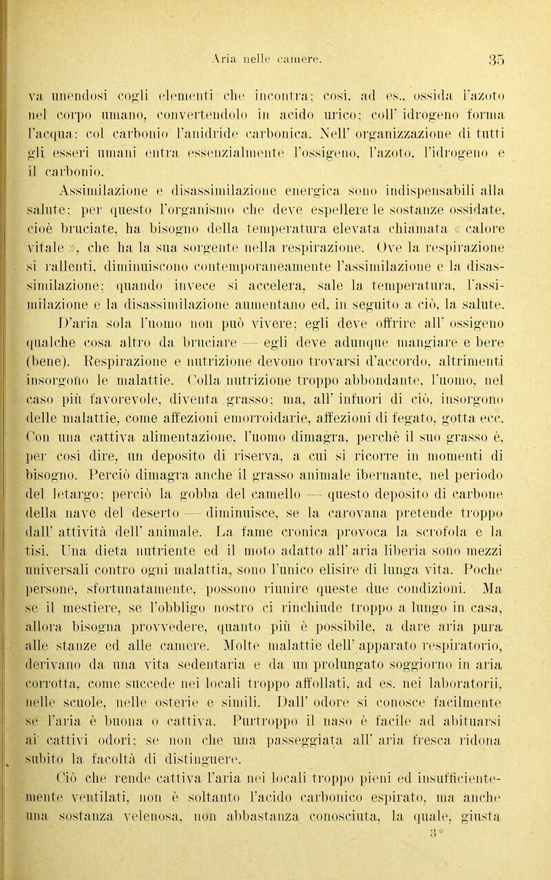 va unendosi cogli elementi che incontra; cosi, ad es.. ossida i'azoto nel corpo umano, convertendolo in acido urico; coll' idrogeno torma l’acqua; col carbonio l’anidride carbonica. Nell’ organizzazione di tutti gli esseri umani entra essenzialmente l'ossigeno, l’azoto, l'idrogeno e il carbonio. Assimilazione e disassimilazione energica sono indispensabili alla salute; per questo l’organismo che deve espellere le sostanze ossidate, cioè bruciate, ha bisogno della temperatura elevata chiamata « calore vitale », che ha la sua sorgente nella respirazione. Ove la respirazione si rallenti, diminuiscono contemporaneamente l’assimilazione e la disas- similazione; quando invece si accelera, sale la temperatura, l’assi- milazione e la disassimilazione aumentano ed, in seguito a ciò, la salute. D’aria sola l'uomo non può vivere; egli deve offrire all’ ossigeno qualche cosa altro da bruciare — egli deve adunque mangiare e bere (bene). Respirazione e nutrizione devono trovarsi d’accordo, altrimenti insorgono le malattie. Colla nutrizione troppo abbondante, l'uomo, nel caso più favorevole, diventa grasso; ma, all’ infuori di ciò, insorgono delle malattie, come affezioni emorroidarie, affezioni di fegato, gotta ecc. Con una cattiva alimentazione, l’uomo dimagra, perchè il suo grasso è, per cosi dire, un deposito di riserva, a cui si ricorre in momenti di bisogno. Perciò dimagra anche il grasso animale ibernante, nel periodo del letargo; perciò la gobba del camello — questo depòsito di carbone della nave del deserto — diminuisce, se la carovana pretende troppo dall’ attività dell’ animale. La fame cronica provoca la scrofola e la tisi. Una dieta nutriente ed il moto adatto all’ aria liberia sono mezzi universali contro ogni malattia, sono l’unico elisine di lunga vita. Poche persone, sfortunatamente, possono riunire queste due condizioni. Ma se il mestiere, se l’obbligo nostro ci rinchiude troppo a lungo in casa, allora bisogna provvedere, quanto più è possibile, a dare aria pura alle stanze ed alle camere. Molte malattie dell’ apparato l'espiratorio, derivano da una vita sedentaria e da un prolungato soggiorno in aria corrotta, come succede nei locali troppo affollati, ad es. nei laboratori^ nelle scuole, nelle osterie e simili. Dall’ odore si conosce facilmente se l’aria è buona o cattiva. Purtroppo il naso è facile ad abituarsi ai cattivi odori; se non che una passeggiata all’ aria fresca ridona subito la facoltà di distinguere. Ciò che rende cattiva l’aria nei locali troppo pieni ed insufficiente- mente ventilati, non è soltanto l’acido carbonico espirato, ma anche una sostanza velenosa, non abbastanza conosciuta, la quale, giusta