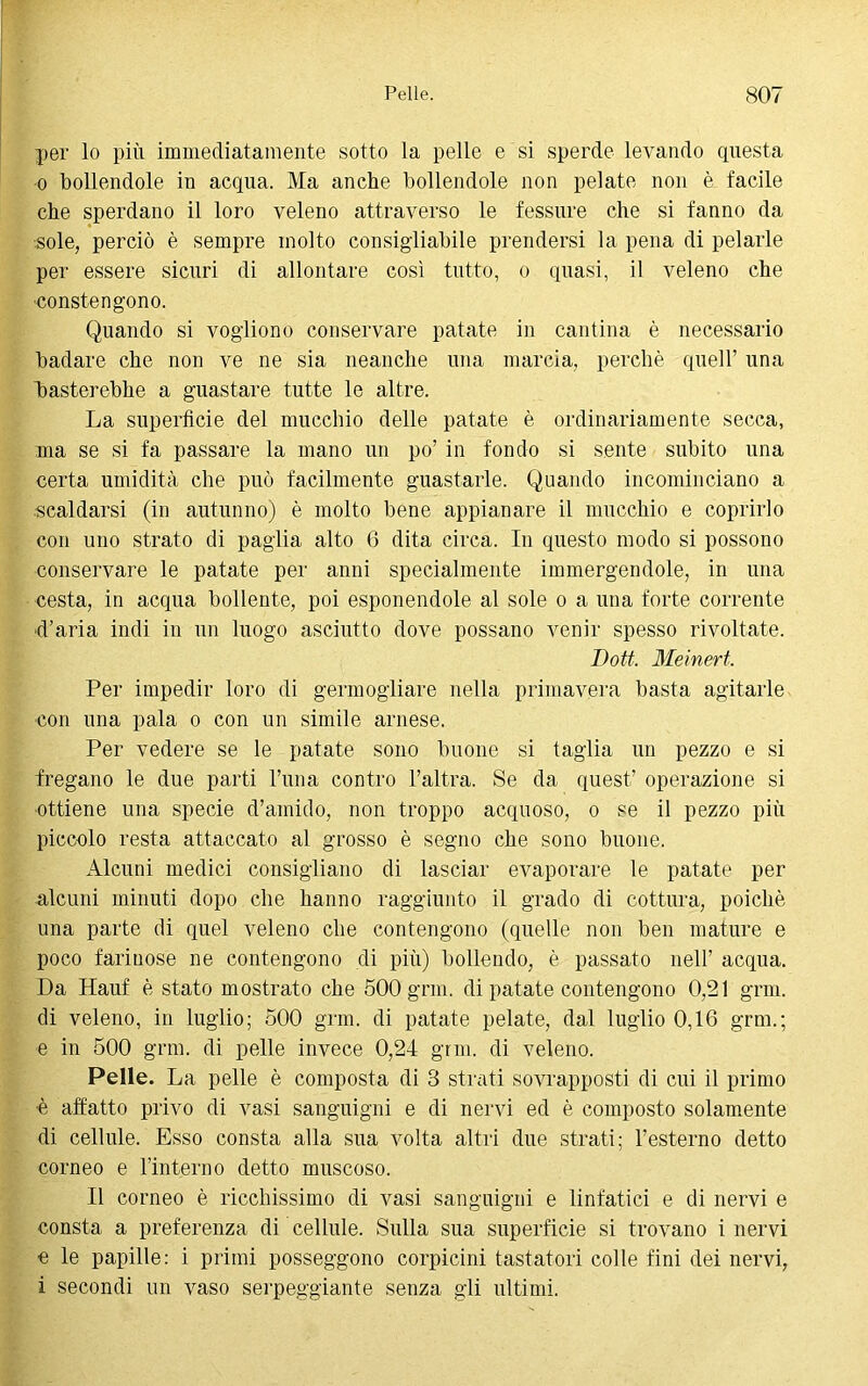 per lo più immediatamente sotto la pelle e si sperde levando questa 0 bollendole in acqua. Ma anche bollendole non pelate non è facile che sperdano il loro veleno attraverso le fessure che si fanno da sole, perciò è sempre molto consig'liabile prendersi la pena di pelarle per essere sicuri di adontare così tutto, o quasi, il veleno che ■consten J|no. Quando si vogliono conservare patate in cantina è necessario badare che non ve ne sia neanche una marcia, perchè quell’ una basterebbe a guastare tutte le altre. La superficie del mucchio delle patate è ordinariamente secca, ma se si fa passare la mano un po’ in fondo si sente subito una certa umidità che può facilmente guastarle. Quando incominciano a scaldarsi (in autunno) è molto bene appianare il mucchio e coprirlo con uno strato di paglia alto 6 dita circa. In questo modo si possono conservare le patate per anni specialmente immergendole, in una cesta, in acqua bollente, poi esponendole al sole o a una forte corrente d’aria indi in un luogo asciutto dove possano venir spesso rivoltate. Boti. Meinert. Per impedir loro di germogliare nella primavera basta agitarle con una pala o con un simile arnese. Per vedere se le patate sono buone si taglia un pezzo e si fregano le due parti l’un a contro l’altra. Se da quest’ operazione si ottiene una specie d’amido, non troppo acquoso, o se il pezzo più piccolo resta attaccato al grosso è segno che sono buone. Alcuni medici consigliano di lasciar evaporare le patate per alcuni minuti dopo che hanno raggiunto il grado di cottura, poiché una parte di quel veleno che contengono (quelle non ben mature e poco fariuose ne contengono di più) bollendo, è passato nell’ acqua. Da Hauf è stato mostrato che 500 gnu. di patate contengono 0,21 gnu. di veleno, in luglio; 500 gnu. di patate pelate, dal luglio 0,16 grm.; e in 500 grm. di pelle invece 0,24 grm. di veleno. Pelle. La pelle è composta di 3 strati sovrapposti di cui il primo ■è affatto privo di vasi sanguigni e di nervi ed è composto solamente di cellule. Esso consta alla sua volta altri due strati; l’esterno detto corneo e l’interno detto muscoso. Il corneo è ricchissimo di vasi sanguigni e linfatici e di nervi e consta a preferenza di cellule. Sulla sua superficie si trovano i nervi e le papille: i primi posseggono corpicini tastatori colle fini dei nervi, 1 secondi un vaso serpeggiante senza gli ultimi.