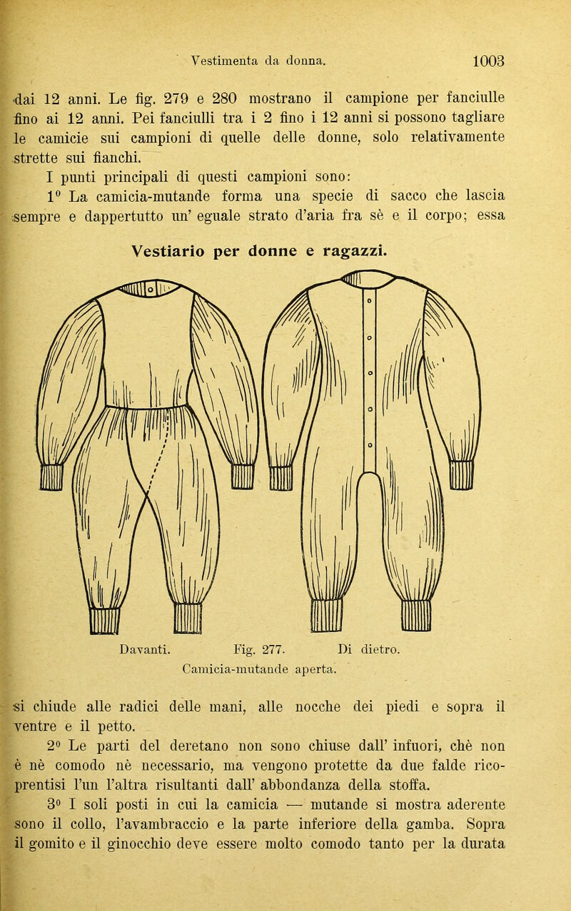 -dai 12 anni. Le fig. 279 e 280 mostrano il campione per fanciulle ino ai 12 anni. Pei fanciulli tra i 2 fino i 12 anni si possono tagliare le camicie sui campioni di quelle delle donne, solo relativamente strette sui fianchi. I punti principali di questi campioni sono: 1° La camicia-mutande forma una specie di sacco che lascia sempre e dappertutto un’ eguale strato d’aria fra sè e il corpo; essa Vestiario per donne e ragazzi. Davanti. i'ig. 277. Di dietro. Camicia-mutande aperta. si chiude alle radici delle mani, alle nocche dei piedi e sopra il ventre e il petto. 2° Le parti del deretano non sono chiuse dall’ infuori, chè non ■è nè comodo nè necessario, ma vengono protette da due falde rico- prentisi l’un l’altra risultanti dall’ abbondanza della stoffa. 3° I soli posti in cui la camicia — mutande si mostra aderente sono il collo, l’avambraccio e la parte inferiore della gamba. Sopra il gomito e il ginocchio deve essere molto comodo tanto per la durata