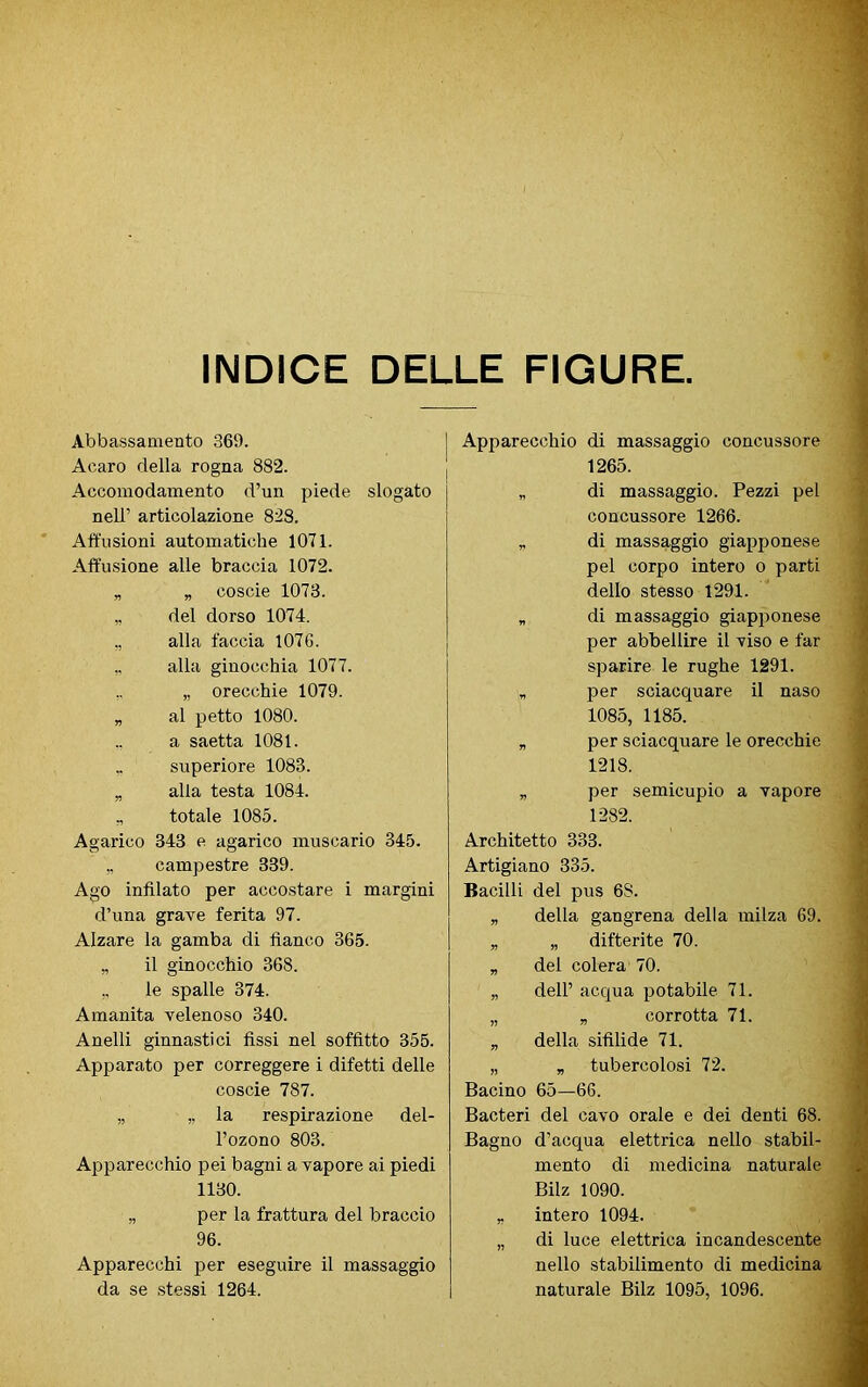 INDICE DELLE FIGURE Abbassamento 369. Acaro della rogna 882. Accomodamento d’un piede slogato nell’ articolazione 828. Allusioni automatiche 1071. Allusione alle braccia 1072. „ „ coscie 1073. ,, del dorso 1074. ., alla faccia 1076. ,, alla ginocchia 1077. .. „ orecchie 1079. „ al petto 1080. a saetta 1081. ,. superiore 1083. „ alla testa 1084. „ totale 1085. Agarico 843 e agarico muscario 345. ,, campestre 339. Ago infilato per accostare i margini d’una grave ferita 97. Alzare la gamba di fianco 365. „ il ginocchio 368. „ le spalle 374. Amanita velenoso 340. Anelli ginnastici fissi nel soffitto 355. Apparato per correggere i difetti delle coscie 787. „ „ la respirazione del- l’ozono 803. Apparecchio pei bagni a vapore ai piedi 1130. „ per la frattura del braccio 96. Apparecchi per eseguire il massaggio da se stessi 1264. Apparecchio di massaggio concussore 1265. „ di massaggio. Pezzi pel concussore 1266. „ di massaggio giapponese pel corpo intero o parti dello stesso 1291. „ di massaggio giapponese per abbellire il viso e far sparire le rughe 1291. „ per sciacquare il naso 1085, 1185. „ per sciacquare le orecchie 1218. „ per semicupio a vapore 1282. Architetto 333. Artigiano 335. Bacilli del pus 68. „ della gangrena della milza 69. „ „ difterite 70. „ del colera 70. „ dell’ acqua potabile 71. „ n corrotta 71. „ della sifilide 71. „ „ tubercolosi 72. Bacino 65—66. Bacteri del cavo orale e dei denti 68. Bagno d’acqua elettrica nello stabil- mente di medicina naturale Bilz 1090. „ intero 1094. „ di luce elettrica incandescente nello stabilimento di medicina naturale Bilz 1095, 1096.