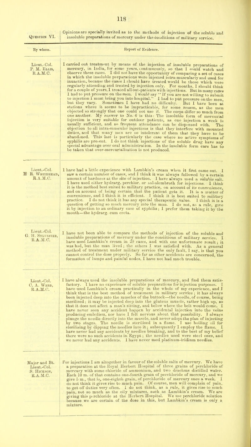 tJUESTION VI. Opinions are specially invited as to the methods of injection of the solnble and insoluble preparations of mercury under the conditions of military service. By whom. Report of Evidence. Lieut.'Col. P. M. Ellis, E.A.M.C. I carried out treatment by means of the injection of insoluble preparations of mercury, in India, for some years, continuously, so that I could watch .and observe these cases. I did not have the opportunity of comparing a set of cases in which the insoluble pieparations were injected intra-muscularly and used for 1 inunction, because the cases 1 should have treated would be those which were regularly attending and treated by injection only. For months, I should think for a couple of years, I treated all out-patients with injections. But in many cases 1 had to put pressure on the men. i would say “ If you are not willing to submit to injection 1 must bring you into hospital.” I had to put pressure on the men, but they vary. Sometimes I have had no difficulty. But I have been at stations where it seems to be impracticable, for some reason, as the men objected so strongly that one could not use it. The corps differ so much from one another. My answer to No. 6 is this: The insoluble form of mercurial injection is very suitable for outdoor patients, as one injection a week is usually sufficient, and so frequenc attendance can be dispensed with. The objection to all intra-muscular injections is that they interfere with mounted duties, and that many men are so intolerant of them that they have to be abandoned. This last is particularly the case where no active symptoms of syphilis are present. I do not think injections of the soluble drug have any special advantage over oral administration. In the insoluble form care has to be taken that over-mercurialisation is not produced. Lient.-Col. H R. Whitehead, R.A.M.C. 1 have had a little experience with Lambkin’s cream when it first came out. I saw a certain number of cases, and I think it was always followed bv a certain amount of liardness at the site of injection. I have always used a soluble salt. I have used either hydrarg. perchlor. or sal-alembroth for injections. I think it is the method best suited to military practice, on account of its convi'nience, and on account of being certain that the patient gets it. It is a matter of convenience, and I think it is efficient. I think it is best suited to militai-y practice. I do not think it has any special therapeutic value. I think it is a question of getting so much mercury into the man. I do not, as a rule, give it by injection to an ordinary case of syjihilis; I prefer them taking it by the mouth—the hydrarg. cum creta. Lient.-Col. G. H. Sylvester, R.A.M.C. I have not been able to compare the methods of injection of the soluble and insoluble preparations of mercury under the conditions of military service. I have used Lambkin’s cream in 20 cases, and with one unfortunate result; it was bad, but the man lived ; the others I was satisfied with. . As a general method of treatment under military service the only fault, I say, is that you cannot control the dose properly. So far as other accidents are concerned, the formation of lumps and painful nodes, I have not had much trouble. Lient.-Col. C. A. Webb, R.A.M.C. I have always used the insoluble preparations of mercury, and find them satis- factory. I have no experience of soluble preparations for injection purposes. I have used Lambkin’s cream practically in the whole of my experience, and I think that is the best method of treatment in military service ; it has always been injected deep into the muscles of the buttock—the needle, of course, being- sterilised; it may be injected deep into the gluteus muscle, rather high up, so that it does not afi’ect a man’s sitting, and below where the belt would come. I have never seen any accident happen by accidental injection into the veins producing embolism, nor have I felt nervous about that possibility. J always plunge the needle directly into the muscle, and never adopt the plan of injecting by two stages. The needle is sterilised in a flame. I use boiling >il for sterilising by dipping the needles into it; subsequently I employ the flame. I have never had any accidents by needles breaking, and to the best of my belief there were no such accidents in Egypt; the needles used were steel ones, and we never had any accidents, i have never used platinum-iridium needles. Major and Bt. Lient.-Col. S. Hickson, R.A.M.C. For injections I am altogether in favour of the soluble salts of mercury. Vve have a preparation at the Royal Herbert Hospital of three grains of perchloride of mercury with some chloride of ammonium, and two drachms distilled water. Each 10 m. of that contains one-fourth grain of perchloride of mercury, and we give 6 m., that is, one-eighth grain, of perchloride of mercury once a week. I do not think it gives rise to much pain. Of course, men will complain of pain, to get off duties very often. I do not think, as a rule, it gives rise to much pain, not so much as the oily mixtures, such as Lambkin’s cream. We are giving this perchloride at the Herbert Hospital. We use perchloride solution because we are certain of the dose in this, but Lambkin’s cream is only a mixture.