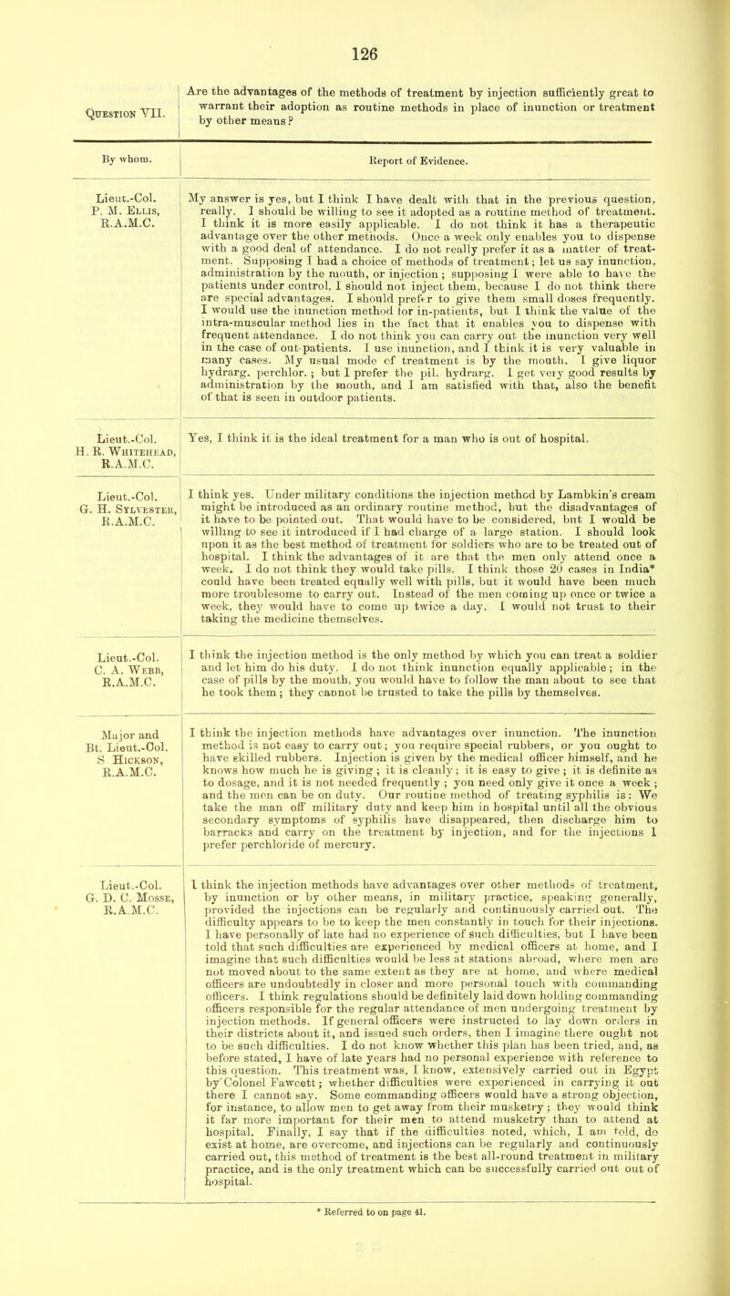 1 Question VII. ' Are the advantages of the methods of treatment by injection sufficiently great to warrant their adoption as routine methods in place of inunction or treatment by other means ? Hy whom. Report of Evidence. Lieut.-Col. P. M. Ellis, R.A.M.C. My answer is yes, but I think I have dealt with that in the previous question, really. I should be willing to see it adopted as a routine method of treatment. I think it is more easily applicable. I do not think it has a therapeutic- advantage over the other methods. Once a week only enables you to dispense with a good deal of attendance. I do not really prefer it as a juatter of treat- ment. Supposing I had a choice of methods of treatment; let us say inunction, administration by the mouth, or injection; supposing I were able to ha\ e the patients under control, I should not inject them, because I do not think there are special advantages. I should prefer to give them small doses frequently. I would use the inunction method lor in-patients, but I think the value of the intra-muscular method lies in the fact that it enables you to dispense with frequent attendance. I do not think you can carry out the inunction very well in the case of out-patients. I use inunction, and I think it is very viiluable in many cases. My usual mode of treatment is by the mouth. I give liquor hydrarg. perchlor. ; but I prefer the pil. hydrarg. I get very good results by administration by the mouth, and I am satisfied with that, also the benefit of that is seen in outdoor patients. Lieut.-Col. H. R. Whitehead, R.A.M.C. I Yes, I think it is the ideal treatment for a man who is out of hospital. Lieut.-Col. G. H. Stlvestek, R.A.M.C. I think yes. Under military conditions the injection method by Lambkin’s cream might be introduced as an ordinary routine method, but the disadvantages of it have to be pointed out. That would have to be considered, but I would be willing to see it introduced if I had charge of a large station. I should look upon it as the best method of treatment for soldiers who are to be treated out of hospital. I think the advantages of it are that the men only attend once a week. I do not think they would take pills. I think those 20 cases in India* could have been treated equally well with pills, but it would have been much more troublesome to carry out. Instead of the men corning up once or twice a week, they would have to come u]) twice a day. I would not trust to their taking the medicine themselves. Lieut.-Col. C. A. Webb, R.A.M.C. I think the injection method is the only method by which you can treat a soldier and let him do his duty. I do not think inunction equally applicable ; in the case of pills by the mouth, you would have to follow the man about to see that he took them; they cannot be trusted to take the pills by themselves. Major and Bt. Lieut.-Ool. S Hickson, R.A.M.C. I think the injection methods have advantages over inunction. The inunction method is not easy to carry out; you require special rubbers, or you ought to have skilled rubbers. Injection is given by the medical officer himself, and he knows how much he is giving ; it is cleanly; it is easy to give ; it is definite as to dosage, and it is not needed frequently ; you need only give it once a week ; and the men can be on duty. Our routine method of treating syphilis is : We take the man off military duty and keep him in hospital until all the obvious secondary symptoms of syphilis have disappeared, then discharge him to barracks and carry on the treatment by injection, and for the injections 1 prefer perchloride of mercury. Lieut.-Col. G. D. C. Mosse, R.A.M.C. 1 I think the injection methods have advantages over other methods of treatment, by inunction or by other means, in military practice, speaking generally, provided the injections can be regularly and continuously carried out. The difficulty appears to be to keep the men constantly in touch for their injections. 1 have personally of late had no experience of such difficulties, but I have been told that such difficulties are experienced by medical officers at home, and I ^ imagine that such difficulties would be less at stations abroad, v/here men are not moved about to the same extent as they are at home, and where medical officers are undoubtedly in closer and more personal touch with commanding ' officers. I think regulations should be definitely laid down holding commanding 1 officers responsible for the regular attendance of men undergoing treatment by 1 injection methods. If general officers were instructed to lay down orders in j their districts about it, and issued such orders, then I imagine there ought not 1 to be such difficulties. I do not know whether this plan has been tried, and, as j before stated, I have of late years had no personal experience with reference to this question. This treatment was, I know, extensively carried out in Egypt ] by Colonel Fawcett; whether difficulties were experienced in caiTying it out I there I cannot say. Some commanding officers would have a strong objection, I for instance, to allow men to get away from their musketry ; they would think it far more important for their men to attend musketry than to attend at I hospital. Finally, I say that if the difficulties noted, which, I am told, do exist at home, are overcome, and injections can be regularly and continuously 1 carried out, this method of treatment is the best all-round treatment in military i practice, and is the only treatment which can be successfully carried out out of ; hospital. Referred to on page 41.