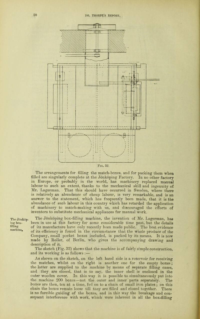 The arrangements for filling the match-boxes, and for packing them when filled are singularly complete at the Jonkoping Factory. In no other factory in Europe, or probably in the world, has machinery replaced manual labour to such an extent, thanks to the mechanical skill and ingenuity of Mr. Lagerman. That this should have occurred in Sweden, where there is relatively an abundance of cheap labour, is very remarkable, and is an answer to the statement, which has frequently been made, that it is the abundance of such labour in this country which has retarded the application of machinery to match-making with us, and discouraged the efforts of inventors to substitute mechanical appliances for manual work. The Jonkop- ing box- filling machine. The Jonkoping box-filling machine, the invention of Mr. Lagerman, has been in use at this factory for some considerable time past, but the details of its manufacture have only recently been made public. The best evidence of its efficiency is found in the circumstance that the whole produce of the Company, small pocket boxes included, is packed by its means. It is now made by Roller, of Berlin, who gives the accompanying drawing and description of it. The sketch (Fig. 33) shows that the machine is of fairly simple construction, and its working is as follows :— As shown on the sketch, on the left hand side is a reservoir for receiving the matches, whilst on the right is another one for the empty boxes; the latter are supplied to the machine by means of separate filling cases, and they are closed, that is to say, the inner shell is enclosed in the outer wooden cover. In this way it is possible to simultaneously put into the machine 200 boxes—not the outer and inner parts separate^. The boxes are then, ten at a time, fed on to a chain of small iron plates; on this chain the boxes remain loose till they are filled and closed together. There is no forcible guiding of the boxes, and in this way the breakage and con- sequent interference with work, which were inherent in all the box-filling