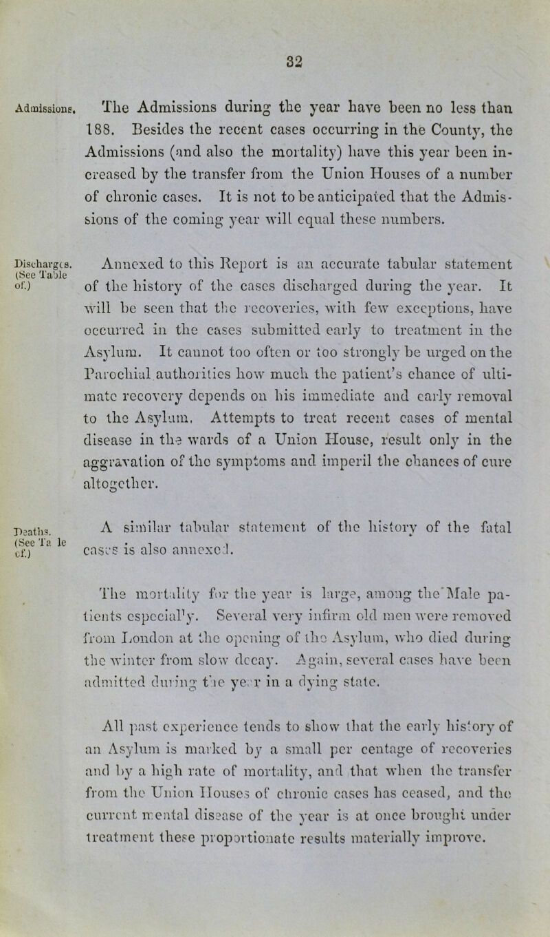 Adiuissione, Discharges. (See Table or.) Deaths. (See Ta le of.) The Admissions during the year have been no less than 188. Besides the recent cases occurring in the County, the Admissions (and also the mortality) have this year been in- creased by the transfer from the Union liouses of a number of chronic cases. It is not to be anticipated that the Admis- sions of the coming year will equal these numbers. Annexed to this Report is an accurate tabular statement of the history of the cases discharged during the year. It Avill be seen that tlie recoveries, with few exceptions, have occui red in the cases submitted early to treatment in the Asylum. It cannot too often or too strongh’ be urged on the Parochial authorities how muclr the patient’s chance of ulti- mate recovery depends on his immediate and early removal to the Asylain, Attempts to treat recent cases of mental disease in the wards of a Union IIousc, result only in the aggravation of the symptoms and imperil the chances of cure altogether. A si’.oilar tabular statement of the history of the fatal cases is also annexe:!. The mortality for the year is large, among thcAIale j^a- tients cspcclary. Several very infirm old men were removed from liondon at the opening of the Asylum, who died during the winter from slow decay. Again, several cases have been admitted during the year in a dving state. All ]iast experience tends to show that the early history of an Asylum is marked by a small per centage of recoveries and by a high rate of mortality, and that when the transfer from the Union IIouse.3 of chronic cases has ceased, and the current mental disease of the vear is at once brought under treatment these proportionate results materially improve.