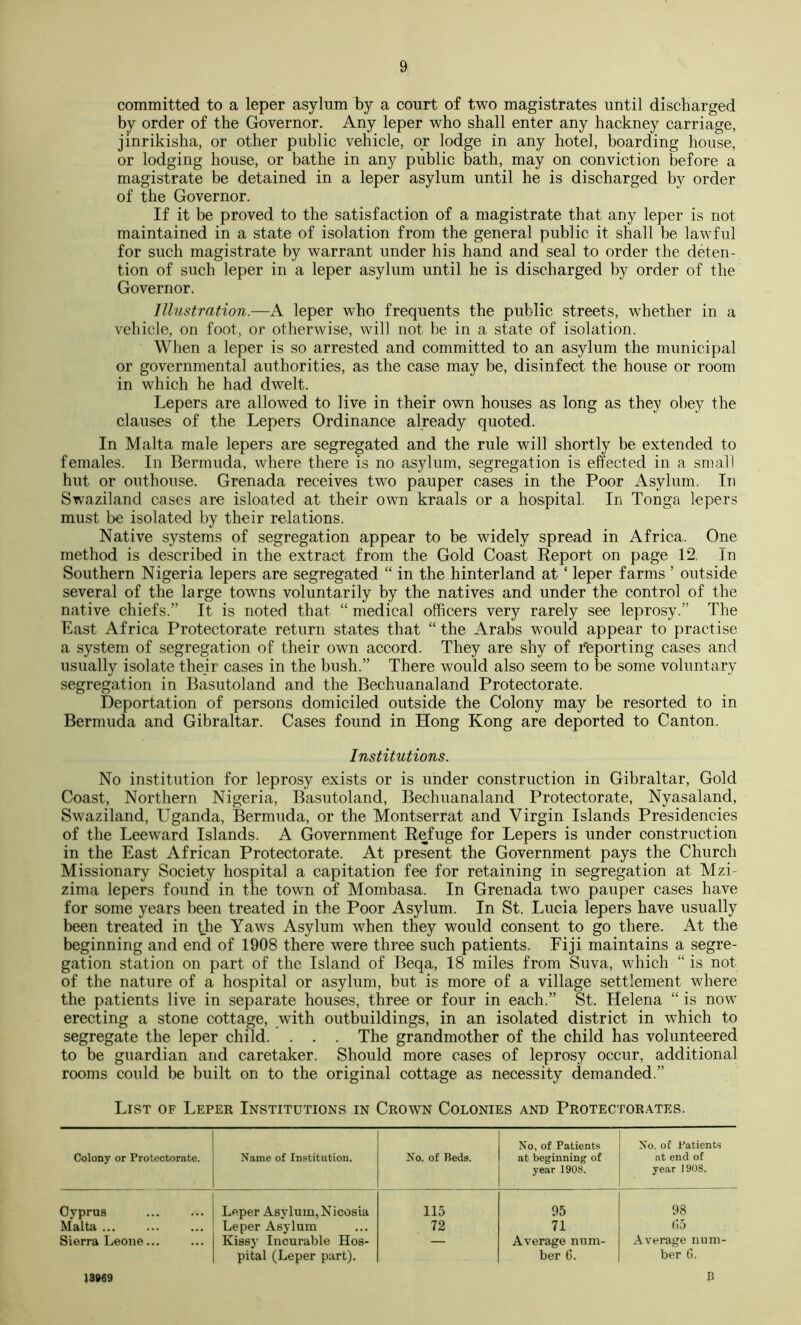 committed to a leper asylum by a court of two magistrates until discharged by order of the Governor. Any leper who shall enter any hackney carriage, jinrikisha, or other public vehicle, or lodge in any hotel, boarding house, or lodging house, or bathe in any public bath, may on conviction before a magistrate be detained in a leper asylum until he is discharged by order of the Governor. If it be proved to the satisfaction of a magistrate that any leper is not maintained in a state of isolation from the general public it shall be lawful for such magistrate by warrant under his hand and seal to order the deten- tion of such leper in a leper asylum until he is discharged by order of the Governor. Illustration.—A leper who frequents the public streets, whether in a vehicle, on foot, or otherwise, will not be in a state of isolation. Wlien a leper is so arrested and committed to an asylum the municipal or governmental authorities, as the case may be, disinfect the house or room in which he had dwelt. Lepers are allowed to live in their own houses as long as they obey the clauses of the Lepers Ordinance already quoted. In Malta male lepers are segregated and the rule will shortly be extended to females. In Bermuda, where there is no asylum, segregation is effected in a small hut or outhouse. Grenada receives two pauper cases in the Poor Asylum. In Swaziland cases are isloated at their own kraals or a hospital. In Tonga lepers must be isolated by their relations. Native systems of segregation appear to be widely spread in Africa. One method is described in the extract from the Gold Coast Report on page 12, In Southern Nigeria lepers are segregated “ in the hinterland at ‘ leper farms ’ outside several of the large towns voluntarily by the natives and under the control of the native chiefs.” It is noted that “ medical officers very rarely see leprosy.” The East Africa Protectorate return states that “ the Arabs would appear to practise a system of segregation of their own accord. They are shy of Reporting cases and usually isolate their cases in the bush.” There would also seem to be some voluntary segregation in Basutoland and the Bechuanaland Protectorate. Deportation of persons domiciled outside the Colony may be resorted to in Bermuda and Gibraltar. Cases found in Hong Kong are deported to Canton. Institutions. No institution for leprosy exists or is under construction in Gibraltar, Gold Coast, Northern Nigeria, Basutoland, Bechuanaland Protectorate, Nyasaland, Swaziland, Uganda, Bermuda, or the Montserrat and Virgin Islands Presidencies of the Leeward Islands. A Government Refuge for Lepers is under construction in the East African Protectorate. At present the Government pays the Church Missionary Society hospital a capitation fee for retaining in segregation at Mzi- zima lepers found in the town of Mombasa. In Grenada two pauper cases have for some years been treated in the Poor Asylum. In St. Lucia lepers have usually been treated in the Yaws Asylum when they would consent to go there. At the beginning and end of 1908 there were three such patients. Fiji maintains a segre- gation station on part of the Island of Beqa, 18 miles from Suva, which “ is not of the nature of a hospital or asylum, but is more of a village settlement where the patients live in separate houses, three or four in each.” St. Helena “ is now erecting a stone cottage, with outbuildings, in an isolated district in which to segregate the leper child. . . . The grandmother of the child has volunteered to be guardian and caretaker. Should more cases of leprosy occur, additional rooms could be built on to the original cottage as necessity demanded.” List of Leper Institutions in Crown Colonies and Protector.a.tes. Colony or Protectorate. Name of Institution. No. of Beds. No, of Patients at beginning of year 1908. No. or Patients at end of year 1908. Cyprus Leper Asylum, Nicosia 115 95 98 Malta Leper Asylum 72 71 ()5 Sierra Leone... 13»69 Kissy Incurable Hos- pital (Leper part). Average num- ber (5. Average num- ber G. B