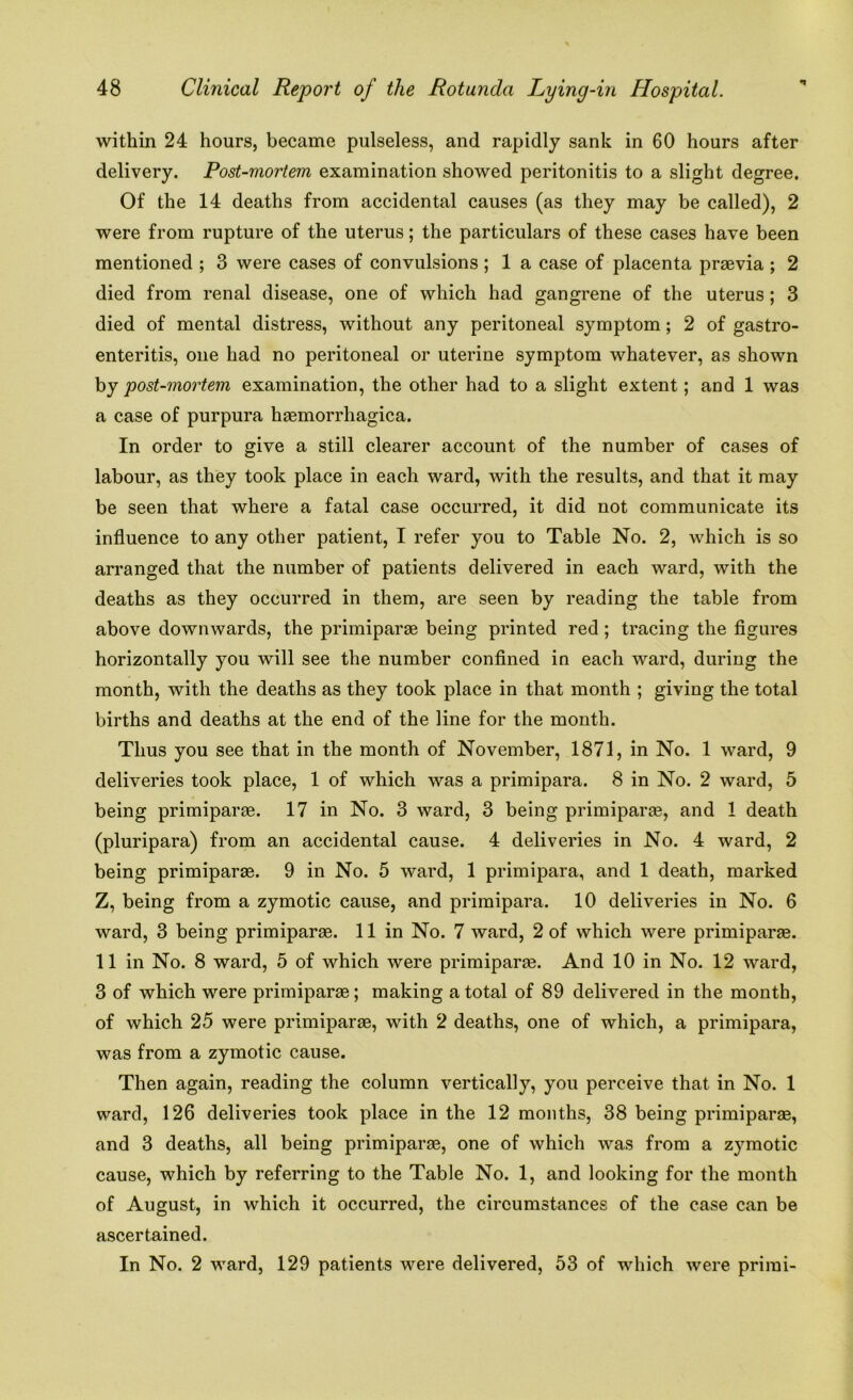 within 24 hours, became pulseless, and rapidly sank in 60 hours after delivery. Post-mortem examination showed peritonitis to a slight degree. Of the 14 deaths from accidental causes (as they may be called), 2 were from rupture of the uterus; the particulars of these cases have been mentioned ; 3 were cases of convulsions ; 1 a case of placenta praevia ; 2 died from renal disease, one of which had gangrene of the uterus ; 3 died of mental distress, without any peritoneal symptom; 2 of gastro- enteritis, one had no peritoneal or uterine symptom whatever, as shown by post-mortem examination, the other had to a slight extent; and 1 was a case of purpura haemorrhagica. In order to give a still clearer account of the number of cases of labour, as they took place in each ward, with the results, and that it may be seen that where a fatal case occurred, it did not communicate its influence to any other patient, I refer you to Table No. 2, which is so arranged that the number of patients delivered in each ward, with the deaths as they occurred in them, are seen by reading the table from above downwards, the primiparae being printed red ; tracing the figures horizontally you will see the number confined in each ward, during the month, with the deaths as they took place in that month ; giving the total births and deaths at the end of the line for the month. Thus you see that in the month of November, 1871, in No. 1 ward, 9 deliveries took place, 1 of which was a primipara. 8 in No. 2 ward, 5 being primiparae. 17 in No. 3 ward, 3 being primiparae, and 1 death (pluripara) from an accidental cause. 4 deliveries in No. 4 ward, 2 being primiparae. 9 in No. 5 ward, 1 primipara, and 1 death, marked Z, being from a zymotic cause, and primipara. 10 deliveries in No. 6 ward, 3 being primiparae. 11 in No. 7 ward, 2 of which were primiparae. 11 in No. 8 ward, 5 of which were primiparae. And 10 in No. 12 ward, 3 of which were primiparae; making a total of 89 delivered in the month, of which 25 were primiparae, with 2 deaths, one of which, a primipara, was from a zymotic cause. Then again, reading the column vertically, you perceive that in No. 1 ward, 126 deliveries took place in the 12 months, 38 being primiparae, and 3 deaths, all being primiparae, one of which was from a zymotic cause, which by referring to the Table No. 1, and looking for the month of August, in which it occurred, the circumstances of the case can be ascertained. In No. 2 ward, 129 patients were delivered, 53 of which were prirai-