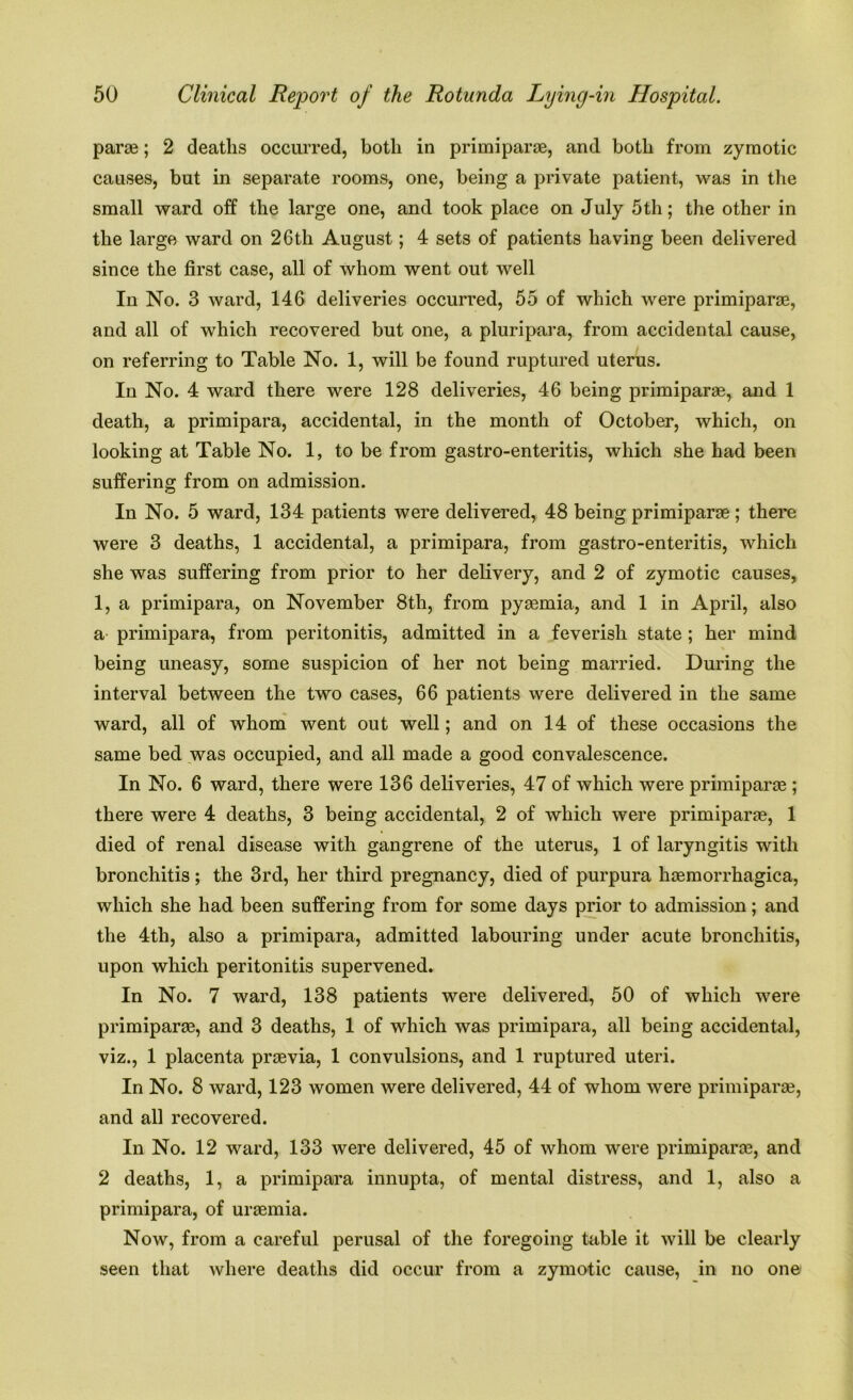 parae; 2 deaths occurred, both in primiparae, and both from zymotic causes, but in separate rooms, one, being a private patient, was in the small ward off the large one, and took place on July 5th; the other in the large ward on 26th August; 4 sets of patients having been delivered since the first case, all of whom went out well In No. 3 ward, 146 deliveries occurred, 55 of which were primiparae, and all of which recovered but one, a pluripara, from accidental cause, on referring to Table No. 1, will be found ruptured uterus. In No. 4 ward there were 128 deliveries, 46 being primiparae, and 1 death, a primipara, accidental, in the month of October, which, on looking at Table No. 1, to be from gastro-enteritis, which she had been suffering from on admission. In No. 5 ward, 134 patients were delivered, 48 being primiparae; there were 3 deaths, 1 accidental, a primipara, from gastro-enteritis, which she was suffering from prior to her delivery, and 2 of zymotic causes, 1, a primipara, on November 8tli, from pyaemia, and 1 in April, also a primipara, from peritonitis, admitted in a feverish state ; her mind being uneasy, some suspicion of her not being married. During the interval between the two cases, 66 patients were delivered in the same ward, all of whom went out well; and on 14 of these occasions the same bed was occupied, and all made a good convalescence. In No. 6 ward, there were 136 deliveries, 47 of which were primiparae ; there were 4 deaths, 3 being accidental, 2 of which were primiparae, 1 died of renal disease with gangrene of the uterus, 1 of laryngitis with bronchitis; the 3rd, her third pregnancy, died of purpura haemorrhagica, which she had been suffering from for some days prior to admission; and the 4th, also a primipara, admitted labouring under acute bronchitis, upon which peritonitis supervened. In No. 7 ward, 138 patients were delivered, 50 of which were primiparae, and 3 deaths, 1 of which was primipara, all being accidental, viz., 1 placenta proevia, 1 convulsions, and 1 ruptured uteri. In No. 8 ward, 123 women were delivered, 44 of whom were primiparae, and all recovered. In No. 12 ward, 133 were delivered, 45 of whom were primiparae, and 2 deaths, 1, a primipara innupta, of mental distress, and 1, also a primipara, of uraemia. Now, from a careful perusal of the foregoing table it will be clearly seen that where deaths did occur from a zymotic cause, in no one