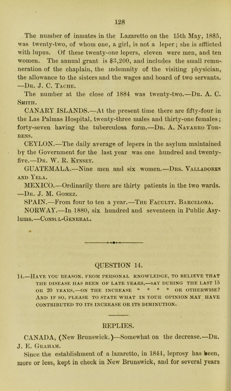 The number of inmates in the Lazaretto on the 15th May, 1885, was twenty-two, of whom one, a girl, is not a leper; she is afflicted with lupus. Of these twenty-one lepers, eleven were men, and ten women. The annual grant is $3,200, and includes the small remu- neration of the chaplain, the indemnity of the visiting physician, the allowance to the sisters and the wages and board of two servants. —Dr. J. C. Tache. The number at the close of 1884 was twenty-two.—Dr. A. C. Smith. CANARY ISLANDS.—At the present time there are fifty-four in the Las Palmas Hospital, twenty-three males and thirty-one females; forty-seven having the tuberculosa form.—Dr. A. Navarro Tor- rens. CEYLON.—The daily average of lepers in the asylum maintained by the Government for the last year was one hundred and twenty- five.—Dr. W. R. Kynsey. GUATEMALA.—Nine men and six women.—Drs. Valladores AND YELA. MEXICO.—Ordinarily there are thirty patients in the two wards. —Dr. J. M. Gomez. SPAIN.—From four to ten a year.—The Faculty. Barcelona. NORWAY.—In 1880, six hundred and seventeen in Public Asy- lums.—Consul-General. ♦ QUESTION 14. 14.—Have you reason, from personal knowledge, to believe that THE DISEASE 11AS BEEN OF LATE YEARS,—SAY DURING THE LAST 15 OR 20 YEARS,—ON THE INCREASE * * * * OR OTHERWISE? And if so, please to state what in your opinion may have CONTRIBUTED TO ITS INCREASE OR ITS DIMINUTION. REPLIES. CANADA, (New Brunswick.)—Somewhat on the decrease.—Dr. J. E. Graham. Since the establishment of a lazaretto, in 1844, leprosy has been, more or less, kept in check in New Brunswick, and for several years