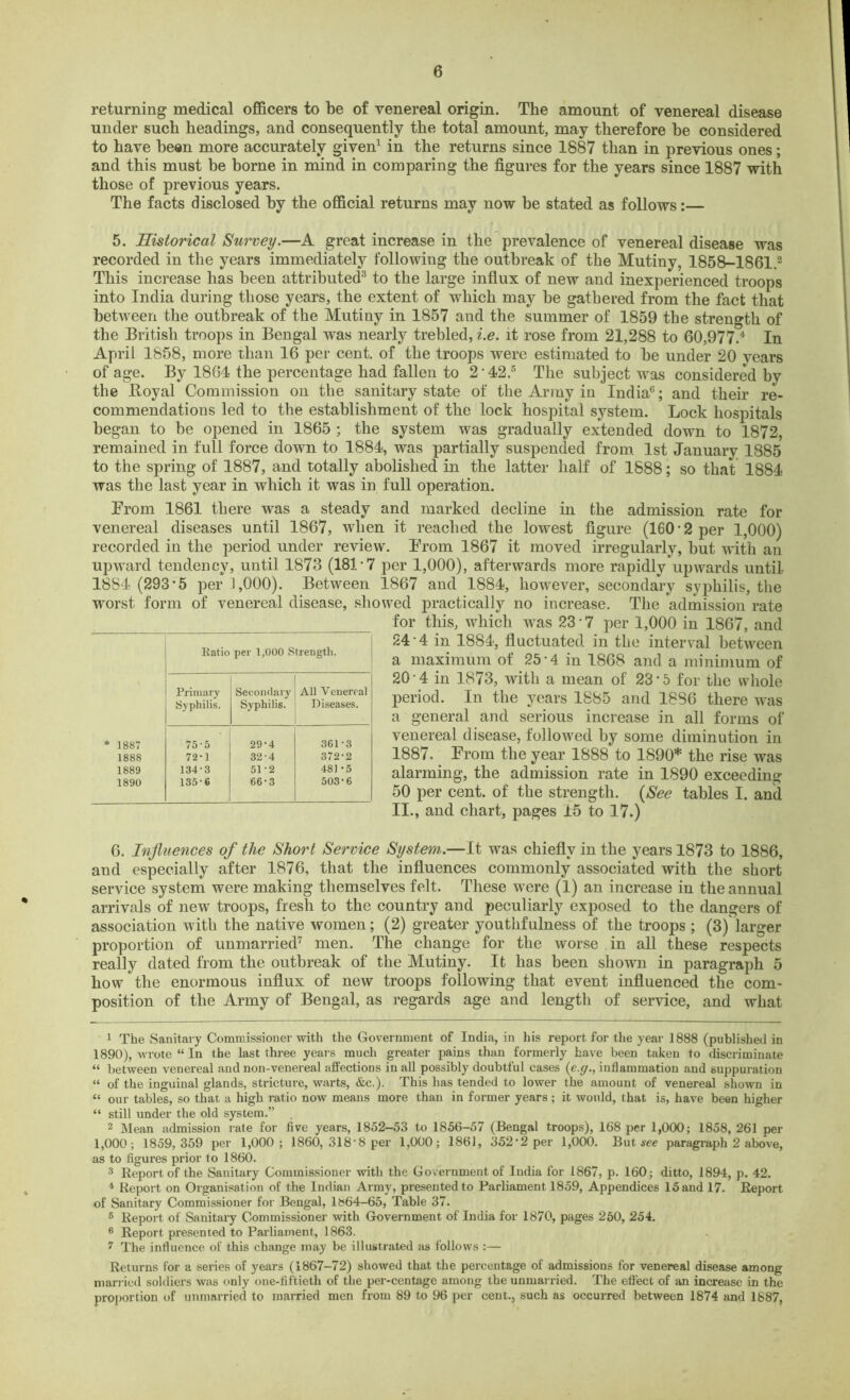 returning medical officers to be of venereal origin. The amount of venereal disease under such headings, and consequently the total amount, may therefore be considered to have been more accurately given1 in the returns since 1887 than in previous ones; and this must be borne in mind in comparing the figures for the years since 1887 with those of previous years. The facts disclosed by the official returns may now be stated as follows:— 5. Historical Survey.—A great increase in the prevalence of venereal disease was recorded in the years immediately following the outbreak of the Mutiny, 1858-1861.2 This increase has been attributed3 4 to the large influx of new and inexperienced troops into India during those years, the extent of which may be gathered from the fact that between the outbreak of the Mutiny in 1857 and the summer of 1859 the strength of the British troops in Bengal was nearly trebled, i.e. it rose from 21,288 to 60,9774 In April 1858, more than 16 per cent, of the troops were estimated to be under 20 years of age. By 1864 the percentage had fallen to 2‘42.5 The subject was considered by the Iloyal Commission on the sanitary state of the Army in India6; and their re- commendations led to the establishment of the lock hospital system. Lock hospitals began to be opened in 1865 ; the system was gradually extended down to 1872, remained in full force down to 1884, was partially suspended from 1st January 1885 to the spring of 1887, and totally abolished in the latter half of 1888; so that 1884 was the last year in which it was in full operation. From 1861 there was a steady and marked decline in the admission rate for venereal diseases until 1867, when it reached the lowest figure (160 2 per 1,000) recorded in the period under review. From 1867 it moved irregularly, but with an upward tendency, until 1873 (181-7 per 1,000), afterwards more rapidly upwards until- 1884 (293-5 per 1,000). Between 1867 and 1884, however, secondary syphilis, the worst form of venereal disease, showed practically no increase. The admission rate for this, which was 23 • 7 per 1,000 in 1867, and 24 4 in 1884, fluctuated in the interval between a maximum of 25-4 in 1868 and a minimum of 20 4 in 1873, with a mean of 23-5 for the whole period. In the years 1885 and 18S6 there was a general and serious increase in all forms of venereal disease, followed by some diminution in 1887. From the year 1888 to 1890* the rise was alarming, the admission rate in 1890 exceeding 50 per cent, of the strength. (See tables I. and II., and chart, pages i5 to 17.) 6. Influences of the Short Service System.—It was chiefly in the years 1873 to 1886, and especially after 1876, that the influences commonly associated with the short service system were making themselves felt. These wrere (1) an increase in the annual arrivals of new troops, fresh to the country and peculiarly exposed to the dangers of association with the native women; (2) greater youthfulness of the troops ; (3) larger proportion of unmarried7 men. The change for the worse in all these respects really dated from the outbreak of the Mutiny. It has been shown in paragraph 5 how the enormous influx of new troops following that event influenced the com- position of the Army of Bengal, as regards age and length of service, and what 1 The Sanitary Commissioner with the Government of India, in his report for the year 1888 (published in 1890), wrote “ In the last three years much greater pains than formerly have been taken to discriminate “ between venereal and non-venereal affections in all possibly doubtful cases (e.g., inflammation and suppuration “ of the inguinal glands, stricture, warts, &c.). This has tended to lower the amount of venereal shown in “ our tables, so that a high ratio now means more than in former years; it would, that is, have been higher “ still under the old system.” 2 Mean admission rate for five years, 1852-53 to 1856-57 (Bengal troops), 168 per 1,000; 1858, 261 per 1,000; 1859,359 per 1,000; 1860, 318- 8 per 1,000; 1861, 352-2 per 1,000. But see paragraph 2 above, as to figures prior to 1860. 3 Report of the Sanitary Commissioner with the Government of India for 1867, p. 160; ditto, 1894, p. 42. 4 Report on Organisation of the Indian Army, presented to Parliament 1859, Appendices 15 and 17. Report of Sanitary Commissioner for Bengal, 1864-65, Table 37. 5 Report of Sanitary Commissioner with Government of India for 1870, pages 250, 254. 6 Report presented to Parliament, 1863. 7 The influence of this change may be illustrated as follows :— Returns for a series of years (1867-72) showed that the percentage of admissions for venereal disease among married soldiers was only one-fiftieth of the per-centage among the unmarried. The effect of an increase in the proportion of unmarried to married men from 89 to 96 per cent., such as occurred between 1874 and 1687, Ratio per 1,000 Strength. Primary Syphilis. Secondary Syphilis. All Venereal Diseases. * 1887 75-5 29-4 361-3 1888 72-1 32-4 372-2 1889 134-3 51-2 481 -5 1890 135-6 66-3 503-6