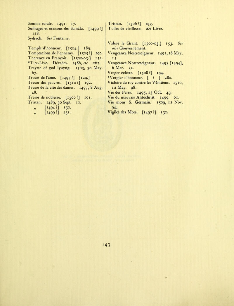 Suffrages et oraisons des Sain£tz. [1499 ?] 128. Sydrach. See Fontaine. Temple d’honneur. [1504.] 189. Temptacions de Fennemy. [1505?] 190. Therence en Francois. [1500-03.] 152. *Tite-Live. Decades, i486, etc. 267. Traytte of god lyuyng. 1503, 30 May. 67. Tresor de Fame. [1497 -?] [129.] Tresor des pauvres. [1510?] 192. Tresor de la cite des dames. 1497, 8 Aug. 48. Tresor de noblesse. [1506 ?] 191. Tristan. 1489, 30 Sept. 10. „ [1494?] I3°- » [1499 ?1 l3l- Tulles de vieillesse. See Livre. Valere le Grant. [1500-03.] 153. See also Gouvernement. Vengeance Nostreseigneur. 1491,28 May. 15- Vengeance Nostreseigneur. 1493 [I494]> 6 Mar. 32. Verger celeste. [1508 ?] 194. *Vergier d’honneur. [ ? ] 280. Vi&oire du roy contre les V6nitiens. 1510, 12 May. 98. Vie des Peres. 1495, 15 Oct. 43. Vie du mauvais Antechrist. 1499. 61. Vie monsr S. Germain. 1509, 12 Nov. 94. Vigiles des Mors. [1497 ?] 132. •43