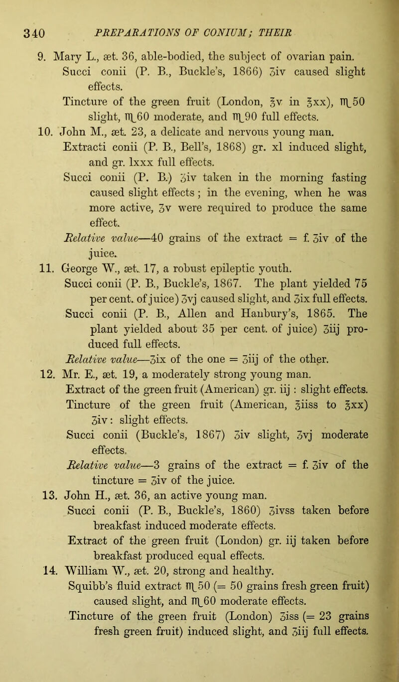 9. Mary L., set. 36, able-bodied, the subject of ovarian pain. Sueci conii (P. B., Buckle’s, 1866) 3iv caused slight effects. Tincture of the green fruit (London, §v in gxx), TT\_50 slight, np60 moderate, and TTp90 full effects. 10. John M., set 23, a delicate and nervous young man. Extracti conii (P. B., Bell’s, 1868) gr. xl induced slight, and gr. lxxx full effects. Succi conii (P. B.) giv taken in the morning fasting caused slight effects; in the evening, when he was more active, 3v were required to produce the same effect. Relative value—40 grains of the extract = f. 3iv of the juice. 11. George W., set. 17, a robust epileptic youth. Succi conii (P. B., Buckle’s, 1867. The plant yielded 75 per cent, of juice) 3vj caused slight, and 3ix full effects. Succi conii (P. B., Allen and Hanbury’s, 1865. The plant yielded about 35 per cent, of juice) 3iij pro- duced full effects. Relative value—3ix of the one = 3iij of the other. 12. Mr. E., set. 19, a moderately strong young man. Extract of the green fruit (American) gr. iij : slight effects. Tincture of the green fruit (American, giiss to gxx) 3iv: slight effects. Succi conii (Buckle’s, 1867) 3iv slight, 3vj moderate effects, Relative value—3 grains of the extract = f. 3iv of the tincture = 5iv of the j uice. 13. John H., set. 36, an active young man. Succi conii (P. B., Buckle’s, 1860) 3ivss taken before breakfast induced moderate effects. Extract of the green fruit (London) gr. iij taken before breakfast produced equal effects. 14. William W., set. 20, strong and healthy. Squibb’s fluid extract TTp50 (— 50 grains fresh green fruit) caused slight, and Tip 60 moderate effects. Tincture of the green fruit (London) 3iss (= 23 grains fresh green fruit) induced slight, and 3iij full effects.