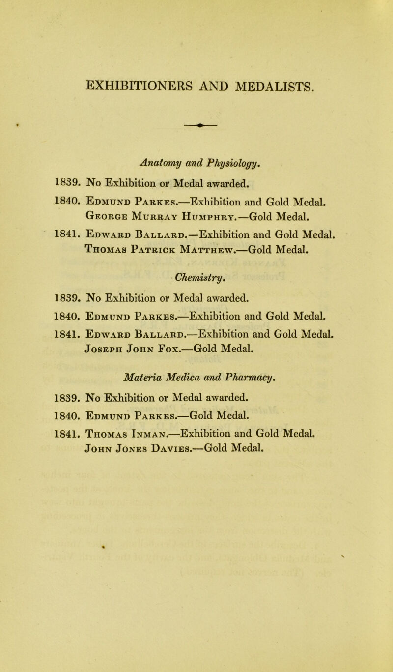 EXHIBITIONERS AND MEDALISTS. Anatomy and Physiology. 1839. No Exhibition or Medal awarded. 1840. Edmund Parkes.—Exhibition and Gold Medal. George Murray Humphry.—Gold Medal. 1841. Edward Ballard.—Exhibition and Gold Medal. Thomas Patrick Matthew.—Gold Medal. Chemistry. 1839. No Exhibition or Medal awarded. 1840. Edmund Parkes.—Exhibition and Gold Medal. 1841. Edward Ballard.—Exhibition and Gold Medal. Joseph John Fox.—Gold Medal. Materia Medica and Pharmacy. 1839. No Exhibition or Medal awarded. 1840. Edmund Parkes.—Gold Medal. 1841. Thomas Inman.—Exhibition and Gold Medal. John Jones Davies.—Gold Medal.