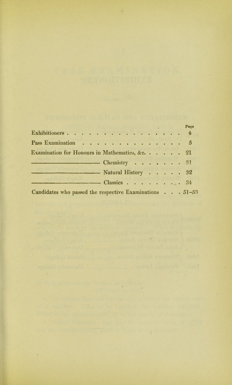 , Page Exhibitioners 4 Pass Examination 5 Examination for Honours in Mathematics, &c 21 Chemistry 31 Natural History 32 Classics 34 Candidates who passed the respective Examinations . . . 51-53