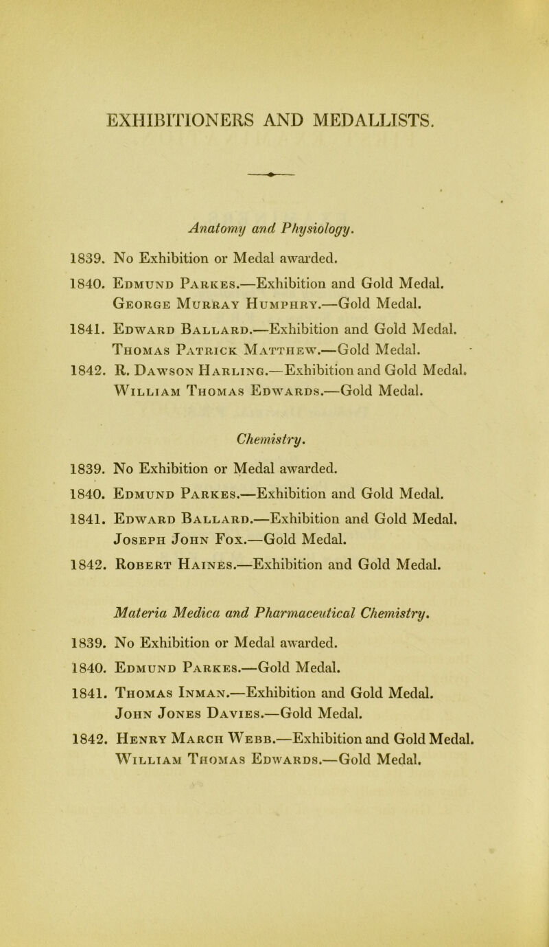 EXHIBITIONERS AND MEDALLISTS. Anatomy and Physiology. 1839. No Exhibition or Medal awarded. 1840. Edmund Parkes.—Exhibition and Gold Medal. George Murray Humphry.—Gold Medal. 1841. Edward Ballard.—Exhibition and Gold Medal. Thomas Patrick Matthew.—Gold Medal. 1842. R. Dawson Harling.—Exhibition and Gold Medal. William Thomas Edwards.—Gold Medal. Chemistry. 1839. No Exhibition or Medal awarded. 1840. Edmund Parkes.—Exhibition and Gold Medal. 1841. Edward Ballard.—Exhibition and Gold Medal. Joseph John Fox.—Gold Medal. 1842. Robert Haines.—Exhibition and Gold Medal. Materia Medica and Pharmaceutical Chemistry. 1839. No Exhibition or Medal awarded. 1840. Edmund Parkes.—Gold Medal. 1841. Thomas Inman.—Exhibition and Gold Medal. John Jones Davies.—Gold Medal. 1842. Henry March Webb.—Exhibition and Gold Medal. William Thomas Edwards.—Gold Medal.