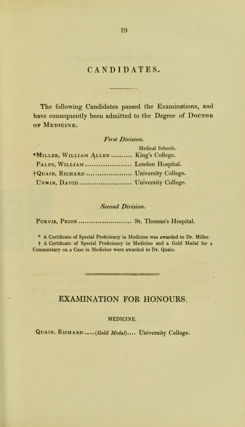CANDIDATES. The following Candidates passed the Examinations, and have consequently been admitted to the Degree of Doctor OF Medicine. First Division, Medical Schools. *Miller, William Allen King’s College. Paley, William London Hospital. -f-QuAiN, Richard University College. Unwin, David University College. Second Division. Purvis, Prior St. Thomas’s Hospital. * A Certificate of Special Proficiency in Medicine was awarded to Dr. Miller, t A Certificate of Special Proficiency in Medicine and a Gold Medal for a Commentary on a Case in Medicine were awarded to Dr. Quain. EXAMINATION FOR HONOURS. MEDICINE. Quain, Richard {Gold Medal).... University College.