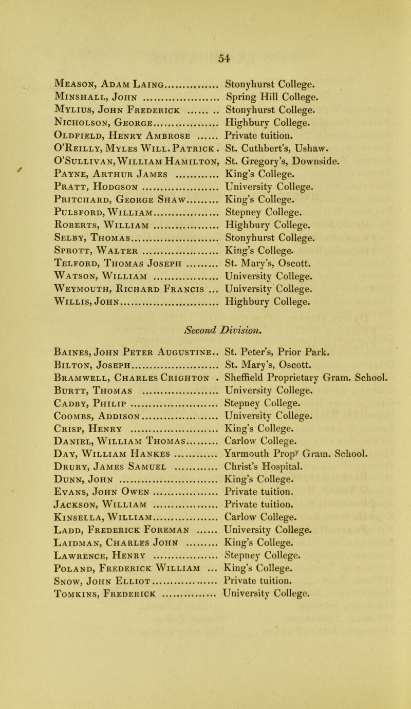 Meason, Adam Laing Stonyhurst College. Minshall, John Spring Hill College. Mylius, John Frederick Stonyhurst College. Nicholson, George Highbury College. Oldfield, Henry Ambrose Private tuition. O’Reilly, Myles Will. Patrick . St. Cuthbert’s, Ushaw. O’Sullivan, William Hamilton, St. Gregory’s, Downside. Payne, Arthur James King’s College. Pratt, Hodgson University College. Pritchard, George Shaw King’s College. Pulsford, William Stepney College. Roberts, William Highbury College. Selby, Thomas Stonyhurst College. Sprott, Walter King’s College. Telford, Thomas Joseph St. Mary’s, Oscott. Watson, William University College. Weymouth, Richard Francis ... University College. Willis, John Highbury College. Second Division. Baines, John Peter Augustine.. St. Peter’s, Prior Park. Bilton, Joseph St. Mary’s, Oscott. Bramwell, Charles Crighton . Sheffield Proprietary Gram. School. Burtt, Thomas University College. Cadby, Philip Stepney College. Coombs, Addison University College. Crisp, Henry King’s College. Daniel, William Thomas Carlow College. Day, William Hankes Yarmouth Prop^ Gram. School. Drury, James Samuel Christ’s Hospital. Dunn, John King’s College. Evans, John Owen Private tuition. Jackson, William Private tuition. Kinsella, William Carlow College. Ladd, Frederick Foreman University College. Laidman, Charles John King’s College. Lawrence, Henry Stepney College. Poland, Frederick William ... King’s College. Snow, John Elliot Private tuition. Tomkins, Frederick University College.