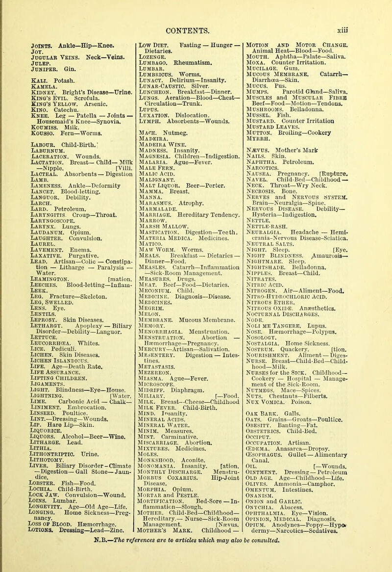 Joints. Ankle—Hip—Knee. Joy. Jugular Veins. Neck—Veins. Julep. Juniper. Gin. Kali. Potash. Kamela. Kidney. Bright’s Disease—Urine. King’s Evil. Scrofula. King’s Yelloiy. Arsenic. Kino. Catechu. Knee. Leg — Patella — Joints — Housemaid's Knee—Synovia. Koumiss. Milk. KOUSSO. Fern—Worms. Labour. Child-Birth. ■ Laburnum. Laceration. Wounds. Lactation. Breast— Child— Milk —Nipple. [Viili. Lacteal. Absorbents—Digestion Lamb. Lameness. Ankle—Deformity Lancet. Blood-letting. Languor. Debility. Larch. Lard. Petroleum. Laryngitis. Croup—Throat. Laryngoscope. Larynx. Lungs. Laudanum. Opium. Laughter. Convulsion. Laurel. Lavement. Enema. Laxative. Purgative. Lead. Artisan—Colic — Constipa- tion — Litharge — Paralysis — Water. Leamington. [mation. Leeches. Blood-letting—Inflam- Leek. Leg. Fracture—Skeleton. Leg, Swelled. Lens. Eye. Lentils. Leprosy. Skin Diseases. Lethargy. Apoplexy — Biliary Disorder—Debility—Languor. Lettuce. Leucorrhcba. Whites. Lice. Pediculi. Lichen. Skin Diseases. Lichen Islandicus. Lite. Age—Death Ptate. Life Assurance. Lifting Children. Ligaments. Light. Blindness—Eye—House. Lightning. [Water. Lime. Carbonic Acid — Chalk— Liniment. Embrocation. Linseed. Poultice. Lint.—Dressing—Wounds. Lip. Hare Lip—Skin. Liquorice. Liquors. Alcohol—Beer—Wine. Litharge. Lead. Lithia. Lithontriptio. Urine. Lithotomy. Liver. Biliary Disorder-Climate —Digestion— Gall Stone— Jaun- dice. Lobster. Fish—Food. Lochia. Child-Birth. Lock Jaw. Convulsion—Wound. Loins. Lumbar. Longevity. Age-Old Age—Life. Longing. Home Sickness—Preg- nancy. Loss OP Blood. Hsemorrhage. Lotions. Dressing—^Lead—Zinc. Low Diet. Fasting — Hunger — Dietaries. Lozenge. Lumbago. Rheumatism. Lumbar. Lumbricus. Worms. Lunacy. Delirium—Insanity. Lunar-Caustic. Silver. Luncheon. Breakfast—Dinner. Lungs. Aeration—Blood—Chest— Circulation—Trunk. Lupus. Luxation. Dislocation. Lymph. Absorbents—Wounds. Mace. Nutmeg. Madeira. Madeira Wine. Madness. Insanity. Magnesia. Children—Indigestion. Malaria. Ague—Fever. Male Fern. Malic Acid. Malignant. Malt Liquor. Beer—Porter. Mamma. Breast. Manna. Marasmus. Atrophy. Marmalade. Marriage. Hereditary Tendency. Marrow. Marsh Mallow. Mastication. Digestion—Teeth. Materia Medica. Medicines. Matico. Maw Worm. Worms. Meals. Breakfast — Dietaries — Dinner—Food. Measles. Catarrh—Inflammation —Sick-Room Management. AIeasures. Drugs. Meat. Beef—Food—Dietaries. Meconium. Child. Medicine. Diagnosis—Disease. Medicines. Megrim. Melon. Membrane. Mucous Membrane. Mejiory. Menorrhagia. Menstruation. Menstruation. Abortion — Hiemorrliage—Pregnancy. Mercury—Artisan—Salivation. Mesentery. Digestion — Intes- tines. Metastasis. Mezereon. Miasma. Ague—Fever. Microscope. Midriff. Diaphragm. Miliary. [—Food. Milk. Breast—Cheese—Childhood Milk Fever. Child-Birth. Mind. Insanity. Mineral Acids. Mineral Water. Minim. Measures. Mint. Carminative. Miscarriage. Abortion. Mixtures. Medicines. Moles. Monkshood. Aconite. Monomania. Insanity. [ation. Monthly Discharge. Menstru- Morbus Coxarius. Hip-Joint Disease. Morphia. Opium. Mortar and Pestle. Mortification. Bed-Sore—In- flammation—Slough. Mother. Child-Bed—Childhood- Hereditary.— Nurse—Sick-Room Management. [Nievus. Mother’s Mark. Childhood — Motion and Motor Change. Animal Heat—Blood—Food. Mouth. Aphtha—Palate—Saliva. MoxA. Counter Irritation. Mucilage. Gum. Mucous Membrane. Catarrh- Diarrhoea—Skin. Mucus. Pus. Mumps. Parotid Gland—Saliva. Muscles and Muscular Fibre Beef—Food—Motion—Tendons. Mushrooms. Belladonna. Mussel. Fish. Mustard. Counter Irritation Mustard Leaves. Mutton. Broiling—Cookery Myrrh. Nievus. Mother’s Mark Nails. Skin. Naphtha. Petroleum. Narcotics. Nausea. Pregnancy. [Rupture. Navel. Child-Bed—Childhood — Neck. Throat—Wry Neck. Necrosis. Bone. Nerves and Nervous system. Brain—Neuralgia—Spine. Nervous Disease. Debility- Hysteria—Indigestion. Nettle. Nettle-rash. Neuralgia. Headache — Hemi- crania-Nervous Disease-Sciatica. Neutral Salts. Night. Sleep. [Eye. Night Blindness. Amaurosis— Nightmare. Sleep. Nightshade. Belladonna. Nipples. Breast—Child. Nitrates. Nitric Acid. Nitrogen. Air—Alimenb—Food. Nitko-Hydrochloric Acid. Nitrous Ether. Nitrous Oxide. Amesthetics. Nocturnal Discharges. Node. Noli me Tangere. Lupus. Nose. Haimorrhage—Polypus. Nosology. Nostalgia. Home Sickness. Nostrum. Quackery. [tion. Nourishment. Aliment —Diges- NURSE. Breast—Child-Bed—Child- hood—Milk. Nurses for the Sick. Childhood- Cookery — Hospital — Manage- ment of the Sick-Room. Nutmegs. Mace—Spices. Nuts. Chestnuts—Filberts. Nux Vomica. Poison. Oak Bark. Galls. Oats. Grains—Groats—Poultice. Obesity. Banting—Fat. Obstetrics. Child-Bed. Occiput. Occupation. Artisan. (Edema. Anasarca—Dropsy. CEsophagus. Gullet — Alimentary Canal. Oil. [—Wounds. Ointment. Dressing — Petroleum Old Age. Age—Childhood—Life. Olives. Ammonia—Camphor. Omentum. Intestines. Onanism. Onion and Garlic. Onychia. Abscess. Ophthalmia. Eye—Vision. Opinion, Medical. Di,agnosis. Opium. Anodynes—Poppy—Hypo« dermy—Narcotics—Sedatives.