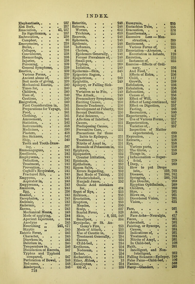 Elephantiasis,. . 237 Elm Bark, . . 237 Emaciation, . . 3, 237 Its Significance, . 237 Embrocation, . . 238 Camphor, . . 90 Emergencies, . . 238 Burns,. . . 238 Collapse, . . 238 Convulsions, . 238 Haemorrhage, . 238 Injuries, . . 238 Poisoning, . 239 General Symptoms, 239 Emetics, . 239 Various Forms, . 239 Ancient abuse of. 239 Best mode of giving. 239 Mechanical Emetic, 240 Times for, . . 240 Children, 240 Uses of. 240 Cautions, . . 240 Emigration, 240 First Consideration in, 241 Preparations for Voyage, 241 Food, . 241 Clothing, 241 Amusement, 241 Statistics, . . 242 Instruments, . 358 Medicines, . 393 Plasters, 458 Sea Sicliness, 542 Ship, . Teeth and Tooth-Draw 540 ing, . 597 Emmenagogues, 242 Emollients, . . 242 Emphysema, . . 242 Definition, . . 242 Treatment, . . 242 Prevention, . 242 Coghill’s Respirator, 242 Fractured Rib, 243 Empyema, . . 243 Aspirator in, . 243 Empyreuma, . . 243 , Emulsion, . . 243 Egg, • Enamel, . . . 236 243 Encephalon, . 243 Endemic, . . 243 Endermic, 337 Enema, . 243 Mechanical Means, 243 Mode of applying. 244 Aperient Injections, 244 Anodyne „ 245 Nourishing ,, 245, 677 Styptic ,, 245 Enteric Fever, 245 Character, . . 245 Diarrhoea in. 245 Delirium in. 245 Temperature in, . 246 Disinfection of Excret 247 Typhus and Typhoid compared, 247 Perforation of Bowel, 248 Bed-sores, . 248 Rinderpest, . 718 248 Enteritis, . . . 248 Entozoa, .... 248 Worms, ... 652 Trichinse, . . . 610 Enuresis, . . . 248 Ephemera, . . . 248 Epidemic, . . . 248 Influenza, . . . 352 Cholera, . . . 123 Epidemics Generally, . 248 Former Prevalence of, . 248 Small-pox, . . . 553 Typhus, . . . 269 Isolation, . . . 249 Epidermis—Skin, . . 545 Epigastric Region, . . 1 Epigastrium, . . . 249 Epiglottis, . . . 249 Epilepsy, or Falling Sick- ness, . . . 249 Variation as to Fits, . 249 The Attack,. . . 249 Premonitory Symptoms, 249 Exciting Causes, . . 250 Remote Tendency, . 250 Development at Puberty, 250 Second Dentition, . 250 Fatal Seizures, . . 250 Affection of Intellect, . 250 Causes, . . . 251 Predisposing Causes, . 251 Preventive Care, . . 251 Precautions for those lialile to Epilepsy, . 251 Treatment, . . . 251 Nitrite of Amyl in, . 251 Bromide of Potassium in, 251 Epiphysis, . . . 252 Epispastics, . . . 252 Counter Irritation, . 159 Epistaxis, . . . 252 Epithelium, . . . 252 Epsom Salts, . . . 252 Errors Regarding, . 252 Best Mode of Taking, . 252 FriederichshaU, . , 252 Hunjadi Janos, , . 252 Oxalic Acid mistaken for, . 434 Ergot of Rye, . . 253 Errhines,. 253 Eructation, . . 253 Eruption, 253 Measles, 390 Scalp, . 527 Scarlet Fever, 528 Skin, . 8, 232, 548 Smallpox, . 554 Erysipelas, or St. thony’s Fire, . An- 253 Mode of Attack, . 253 Use of Caustic in, 253 Treatment Generally, . 254 Causes, 254 Child-bed, . . 254 Erythema, . . 254 Nodosum, . , 254 Eschar, . . , 254 Escharotics, . , 254 Ether, ^ther, . . 13 Eucalyptus, . . 254 Oil of, . 255 Euonymin, . . , 255 Eustachian Tube, . . 255 Evacuation, . , . 576 Exanthemata, . . . 255 Excessive Loss — Men- struation, . . . 399 Excitement, . . . 255 Various Forms of, . 255 Excoriation—Abrasion, . 4 Excoriation in Infants, 120 Excretion, . . . 255 Instances of, . . 255 Exercise—Effects of Ordi- nary, . . . 256 And Food,. . , 194 Effects of Extra, . . 256 Child, .... 117 Growth, . . . 299 Exfoliation, , . . 256 Exhalation, . . . 256 Exhaustion, . . . 256 Causes of, . . . 256 Effect of Will, . . 256 Effect of Long-continued, 257 Effect on Digestion, . 257 Fasting, . , . 263 Recreation, . , . 500 Expectorants, . . . 257 Use of Various Forms,. 257 Expectoration, . . 257 Varieties of,. . . 257 Inspection of Matter expectorated, . . 680 Expiration, . . . 258 Extracts,.... 258 Eye, .... 258 Various parts, . . 258 The Globe, . . .258 Things in, . . . 259 (Inflammation — Super- < ficial, . . . 259 ^Deep, .... 260 How to put Drops into,. . . 259, 703 Diseases, . . 260, 702 Syringing, . . 260, 703 Eye Douche, . . 260 Egyptian Ophthalmia,. 260 Children, . . . 260 Stye, .... 261 Blows on, . . . 261 Disordered Vision, . 261 Vision,. . . . 631 Face, .... 261 Acne, .... 8 Face-Ache—Neuralgia, 417 Faeces, .... 261 Fahrenheit, . . . 261 Fainting, or Syncope, . 261 Causes, . . . 261 Indications of, . . 261 Treatment, . . . 261 Nitrite of Amyl, . . 261 In Child-bed, . . 108 Faith 261 Intelligent, and Non- Intel ligent, . . 262 Falling Sickness—Epilepsy, 249 False Pains—Child-bed, . 106 Famine, .... 568 Farcy—Glanders, . . 295