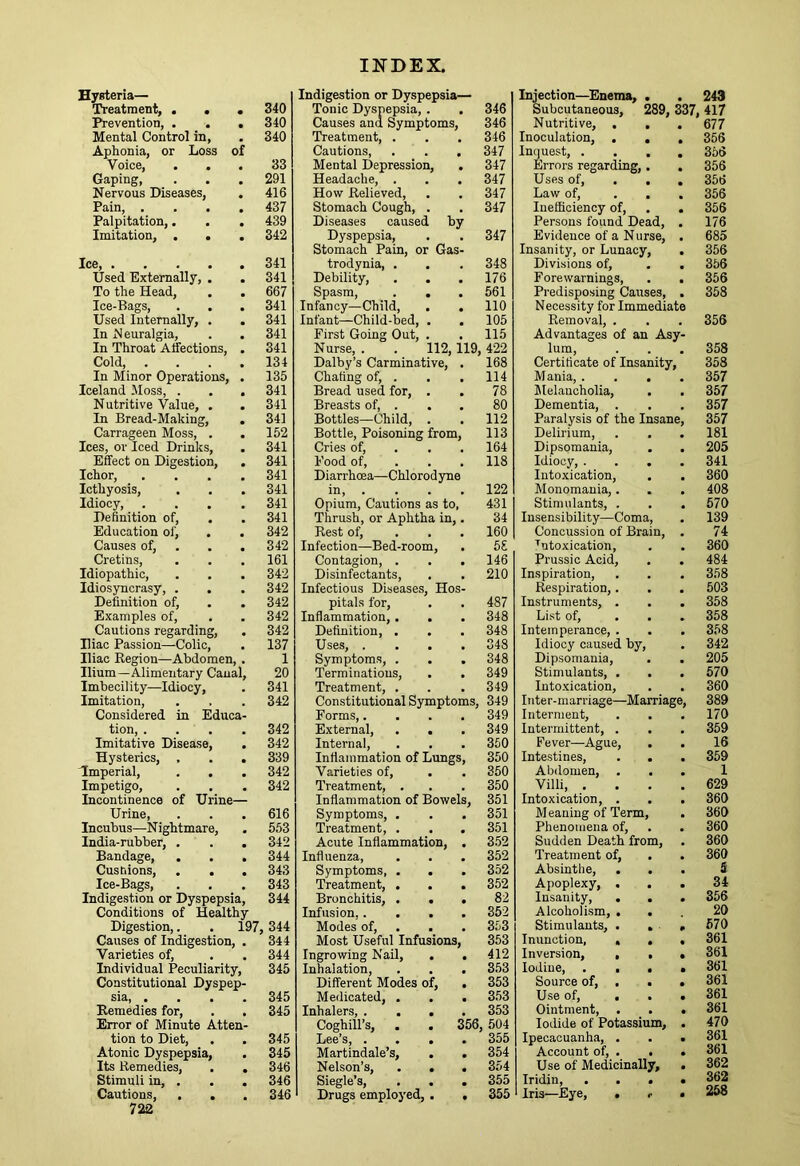 Hysteria— Treatment, ... 340 Prevention, . . . 340 Mental Control in, . 340 Aphonia, or Loss of Voice, ... 33 Gaping, . . . 291 Nervous Diseases, . 416 Pain, .... 437 Palpitation,. . . 439 Imitation, ... 342 Ice, 341 Used Externally, . . 341 To the Head, . . 667 Ice-Bags, . . . 341 Used Internally, . . 341 In Meuralgia, . . 341 In Throat A&ctions, . 341 Cold 134 In Minor Operations, . 135 Iceland 5Ioss, . . , 341 Nutritive Value, . . 341 In Bread-Making, . 341 Carrageen Moss, . . 152 Ices, or Iced Drinks, . 341 Effect on Digestion, . 341 Ichor, .... 341 Icthyosis, , . . 341 Idiocy, .... 341 Definition of, . . 341 Education of, . . 342 Causes of, . . .342 Cretins, . . . 161 Idiopathic, . . . 342 Idiosyncrasy, . . . 342 Definition of, . . 342 Examples of, . . 342 Cautions regarding, . 342 Biac Passion—Colic, . 137 Iliac Region—Abdomen, . 1 Ilium—Alimentary Canal, 20 Imbecility—Idiocy, . 341 Imitation, . . . 342 Considered in Educa- tion, .... 342 Imitative Disease, . 342 Hysterics, . . . 339 Imperial, . . . 342 Impetigo, . . . 342 Incontinence of Urine— Urine, . . . 616 Incubus—Nightmare, . 553 India-rubber, . . . 342 Bandage, . . , 344 Custiions, ... 343 Ice-Bags, . . . 343 Indigestion or Dyspepsia, 344 Conditions of Healthy Digestion,. . 197, 344 Causes of Indigestion, . 344 Varieties of, . . 344 Individual Peculiarity, 345 Constitutional Dyspep- sia, .... 345 Remedies for, . . 345 Error of Minute Atten- tion to Diet, , . 345 Atonic Dyspepsia, . 345 Its Remedies, . . 346 Stimuli in, . . . 346 Cautions, . . . 846 722 Indigestion or Dyspepsia— Tonic Dyspepsia, . . 346 Causes and Symptoms, 346 Treatment, . . . 346 Cautions, . . , 347 Mental Depression, . 347 Headache, . . . 347 How Relieved, . . 347 Stomach Cough, . . 347 Diseases caused by Dyspepsia, . . 347 Stomach Pain, or Gas- trodynia, . . . 348 Debility, . . . 176 Spasm, . . .561 Infancy—Child, . . 110 Infant—Child-bed, • . 105 First Going Out, . . 115 Nurse, . . 112,119, 422 Dalby’s Carminative, . 168 Chafing of, . . . 114 Bread used for, . . 78 Breasts of, . . . 80 Bottles—Child, . . 112 Bottle, Poisoning from, 113 Cries of, . . . 164 Food of, . . . 118 Diarrhoea—Chlorodyne in, . . . . 122 Opium, Cautions as to, 431 Thrush, or Aphtha in,. 34 Rest of, ... 160 Infection—Bed-room, . 5£ Contagion, . . .146 Disinfectants, . . 210 Infectious Diseases, Hos- pitals for, . . 487 Inflammation, . . . 348 Definition, . . . 348 Uses, .... 348 Symptoms, . . . 348 Terminations, . . 349 Treatment, . . . 349 Constitutional Symptoms, 349 Forms,.... 349 External, . . . 349 Internal, . . . 360 Inflammation of Lungs, 350 Varieties of, . . 350 Treatment, . . . 350 Inflammation of Bowels, 351 Symptoms, . . . 351 Treatment, . . . 351 Acute Inflammation, . 3.52 Influenza, . . . 352 Symptoms, . . . 352 Treatment, . . . 352 Bronchitis, ... 82 Infusion,.... 352 Modes of, . . . 353 Most Useful Infusions, 353 Ingrowing Nail, . . 412 Inhalation, . . . 353 Different Modes of, . 353 Meilicated, . . . 353 Inhalers, .... 353 Coghill’s, . . 356, 504 Lee’s, .... 355 Martindale’s, . . 354 Nelson’s, ... 354 Siegle’s, . . . 355 Drugs employed, . . 355 Injection—^Enema, . . 243 Subcutaneous, 289, 337, 417 Nutritive, , , . 677 Inoculation, ... 356 Inquest, .... 356 Errors regarding,. . 356 Uses of, . . . 356 Law of, ... 356 Inefficiency of, . . 356 Persons found Dead, . 176 Evidence of a N urse, . 685 Insanity, or Lunacy, . 356 Divisions of, . . 356 Forewarnings, . . 356 Predisposing Causes, . 358 Necessity for Immediate Removal, . 356 Advantages of an Asy- lum, 358 Certificate of Insanity, 358 Mania, .... 357 Melancholia, 357 Dementia, . 357 Paralysis of the Insane, 357 Delirium, 181 Dipsomania, . . 205 Idiocy, .... 341 Intoxication, 360 Monomania,. . . 408 Stimulants, . . . 570 Insensibility—Coma, 139 Concussion of Brain, . 74 intoxication. 360 Prussic Acid, 484 Inspiration, 358 Respiration,. 503 Instruments, . 358 List of, ... 358 Intemperance, . . . 358 Idiocy caused by. 342 Dipsomania, . . 205 Stimulants, . . . 570 Intoxication, . . 360 Inter-marriage—Marriage, 389 Interment, 170 Intermittent, . . 359 Fever—Ague, 16 Intestines, . . 359 Abdomen, . 1 Villi, .... 629 Intoxication, . 360 Meaning of Term, 360 Phenomena of. 360 Sudden Death from. 360 Treatment of, . . 360 Absinthe, . . 5 Apoplexy, . . . 34 Insanity, ... 356 Alcoholism, . . 20 Stimulants, . . . 570 Inunction, ... 361 Inversion, . . • 361 Iodine, .... 361 Source of, . . . 361 Use of, ... 361 Ointment, . . . 361 Iodide of Potassium, . 470 Ipecacuanha, . . . 361 Account of, . . • 361 Use of Medicinally, . 362 Iridin, .... 362 Iris—Eye, . r • 258
