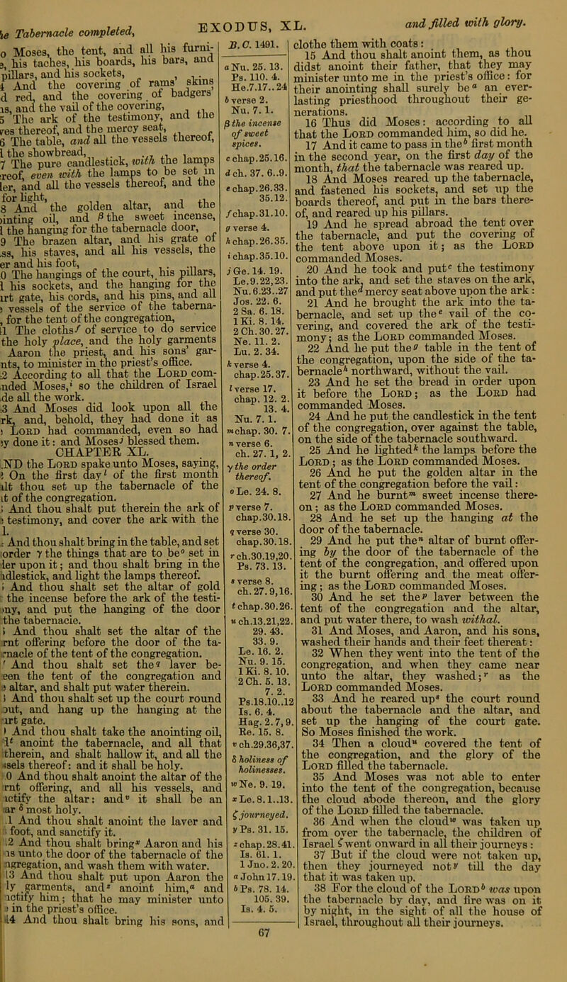 ie Tabernacle completed, 0 Moses, the tent, and all his furni- 3, his taches, his boards, his bars, ana pillars, and his sockets, , ,. 1 And the covering of rams skins d red, and the covering _ of badgers is, and the vail of the covering, 5 The ark of the testimony, and tho res thereof, and the mercy seat, 6 The table, and all the vessels thereof, l the showbread, . 7 The pure candlestick, with the lamps •reof, even with the lamps to be set in. ler, and all the vessels thereof, and the 8 Ami ' the golden altar, and the tinting oil, and £ the sweet incense, 1 the hanging for the tabernacle door, 9 The brazen altar, and his grate oi ,ss, his staves, and all his vessels, the er and his foot, 0 The hangings of the court, his pillars, 1 his sockets, and the hanging for the irt gate, his cords, and his pms, and all 5 vessels of the service of the taberna- , for the tent of the congregation, U The cloths/ of service to do service the holy place, and the holy garments Aaron the priest, and his sons gar- nts, to minister in the priest’s office. 2 According to all that the Lord com- .nded Moses,' so the children of Israel de all the work. 2 And Moses did look upon all the rk, and, behold, they had done it as s Lord had commanded, even so had sy done it: and Moses 1 blessed them. CHAPTER XL. .ND the Lord spake unto Moses, saying, ! On the first day' of the first month fit thou set up the tabernacle of the it of the congregation. ; And thou shalt put therein the ark of ! testimony, and cover the ark with the 1. = And thou shalt bring in the table, and set order y the things that are to be0 set in ler upon it; and thou shalt bring in the idlestick, and light the lamps thereof, i And thou shalt set the altar of gold the incense before the ark of the testi- my, and put the hanging of the door :the tabernacle. i And thou shalt set the altar of the rnt offering before the door of the ta- rnacle of the tent of the congregation. ' And thou shalt set the* laver be- een the tent of the congregation and i altar, and shalt put water therein. ! And thou shalt set up the court round out, and hang up the hanging at the art gate. • And thou shalt take the anointing oil, 1* anoint the tabernacle, and all that therein, and shalt hallow it, and all the isels thereof: and it shall he holy. 0 And thou Bhalt anoint the altar of tho rnt offering, and all his vessels, and ictify the altar: and® it shall be an ar 6 most holy. .1 And thou shalt anoint the laver and ■ foot, and sanctify it. ! 12 And thou shalt bring* Aaron and his os unto the door of the tabernacle of the agregation, and wash them with water. 13 And thou shalt put upon Aaron the ly garments, and1 anoint him,® and notify him; that ho may minister unto > in the priest’s office. 14 And thou shalt bring his sons, and EXODUS, XL. and filled with glory. B. C. 1491. a Hu. 25. 13. Ps. 110. 4. He.7.17.. 24 b verse 2. Nu. 7. 1. (3 the incemc of sweet spices. e cliap.25.16. dch. 37. 6..9. e chap. 26.33. 35.12. /chap.31.10. 0 verse 4. Achap.26.35. 1 chap. 35.10. j Ge. 14.19. Le.9.22,23. Nu. 6.23..27 Jos. 22. 6. 2 Sa. 6. 18. IKi. 8. 14. 2 Ch. 30.27. He. 11. 2. Lu. 2. 34. kverse 4. chap.25.37. I verse 17. chap. 12. 2. 13. 4. Nu. 7.1. >»chap. 30. 7. averse 6. ch. 27. 1, 2. y the order thereof. oLe. 24. 8. vverse 7. chap.30.18. 4 verse 30. chap.30.18. rch.30.19,20. Ps. 73. 13 j verse 8. ch. 27.9,16. t chap.30.26. « ch.13.21,22. 29. 43. 33. 9. Le. 16. 2. Nil. 9. 15. 1 Ki. 8. 10. 2 Ch. 5. 13. 7. 2. Ps.18.10..12 Is. 6. 4. Hag. 2.7,9. Re. 15. 8 v ch.29.36,37. 8 holiness of holinesses. u>Ne. 9. 19. *Le. 8.1..13. $ journeyed, yPs. 31. 15 :chap.28.41 Is. 61.1. 1 Jno. 2. 20  John 17.19 b Ps. 78. 14. 105. 39. Is. 4. 5. clothe them with coats: 15 And thou shalt anoint them, as thou didst anoint their father, that they may minister unto me in the priest’s office: for their anointing shall surely be® an ever- lasting priesthood throughout their ge- nerations. 16 Thus did Moses: according to all that the Lord commanded him, so did he. 17 And it came to pass in the6 first month in the second year, on the first day of the month, that the tabernacle was reared up. 18 And Moses reared up the tabernacle, and fastened his sockets, and set up the boards thereof, and put m the bars there- of, and reared up his pillars. 19 And he spread abroad the tent over the tabernacle, and put the covering of the tent above upon it; as the Lord commanded Moses. 20 And he took and put® the testimony into the ark, and set the staves on the ark, and put the ^ mercy seat above upon the ark : 21 And he brought the ark into the ta- bernacle, and set up the® vail of the co- vering, and covered the ark of the testi- mony ; as the Lord commanded Moses. 22 And he put the * table in the tent of the congregation, upon the side of the ta- bernacle6 northward, without the vail. 23 And he set the bread in order upon it before the Lord; as the Lord had commanded Moses. 24 And he put the candlestick in the tent of the congregation, over against the table, on the side of the tabernacle southward. 25 And he lighted6 the lamps before the Lord ; as the Lord commanded Moses. 26 And he put the golden altar in the tent of the congregation before the vail: 27 And he burnt”* sweet incense there- on ; as the Lord commanded Moses. 28 And he set up the hanging at the door of the tabernacle. 29 And he put the™ altar of burnt offer- ing by the door of the tabernacle of the tent of the congregation, and offered upon it the burnt offering and the meat offer- ing ; as the Lord commanded Moses. 30 And he set the? laver between the tent of the congregation and the altar, and put water there, to wash icithal. 31 And Moses, and Aaron, and his sons, washed their hands and their feet thereat: 32 When they went into the tent of the congregation, and when they came near unto the altar, they washed;r as the Lord commanded Moses. 33 And he reared up* the court round about the tabernacle and the altar, and set up the hanging of the court gate. So Moses finished the work. 34 Then a cloud® covered the tent of the congregation, and the glory of the Lord filled the tabernacle. 35 And Moses was not able to enter into the tent of the congregation, because the cloud abode thereon, and the glory of the Lord filled the tabernacle. 36 And when the cloud1 was taken up from over the tabernacle, the children of Israel f went onward in all their journeys: 37 But if the cloud were not taken up, then they journeyed not* till the day that it was taken up. 38 For the cloud of the Lord6 was upon the tabernaclo by day, and fire was on it by night, in the sight of all the house of Israel, throughout all their journeys.